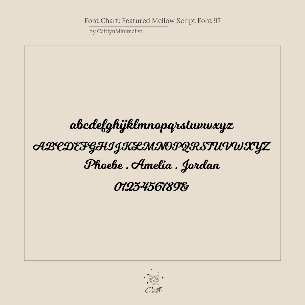 See lowercase, uppercase, names, and numbers in Mellow Script—a cursive font ideal for designing the Mellow Name Heart Necklace or adding an elegant touch to any dainty chain necklace.