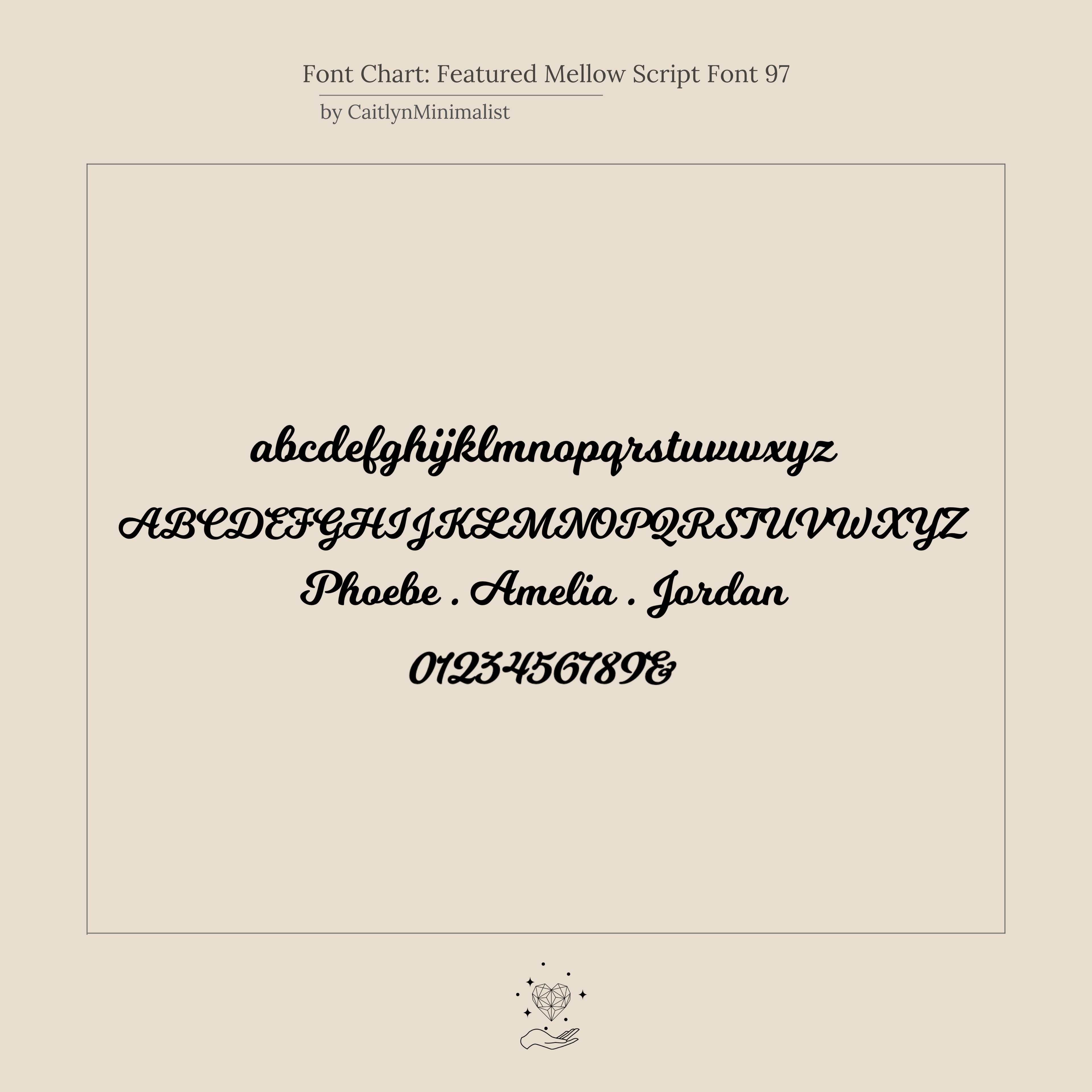 See lowercase, uppercase, names, and numbers in Mellow Script—a cursive font ideal for designing the Mellow Name Heart Necklace or adding an elegant touch to any dainty chain necklace.