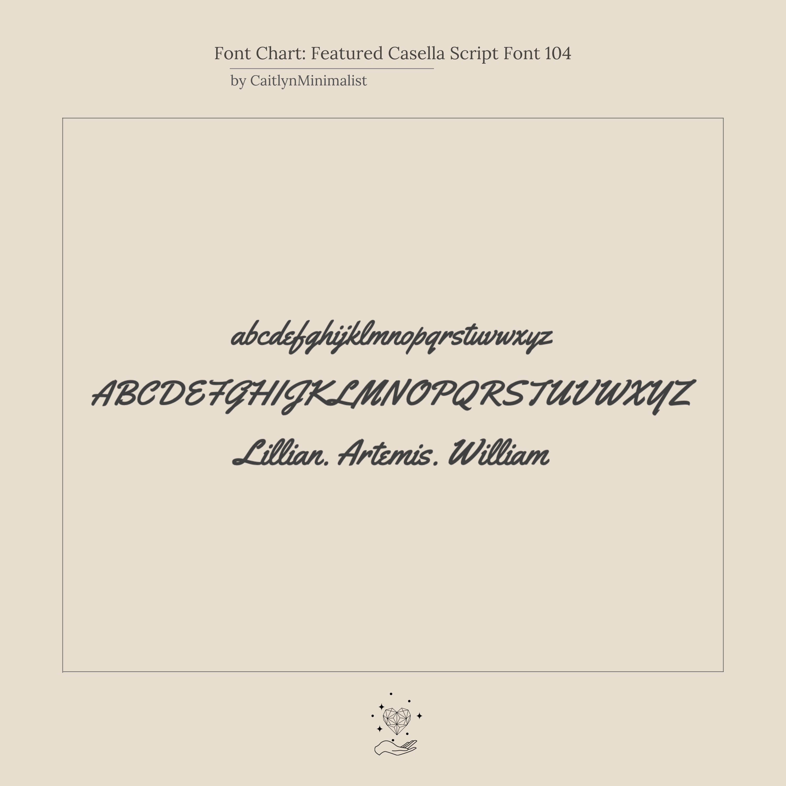 Sample text in a dainty script font shows lowercase, uppercase, and three names—ideal inspiration for a custom Casella Name Necklace in Box Chain—displayed on a beige background.