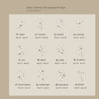 Minimalist zodiac star sign symbols and dates, arranged in a 3x4 grid on a light background. Perfect inspiration for zodiac jewelry or the Constellation Oval Ring design.