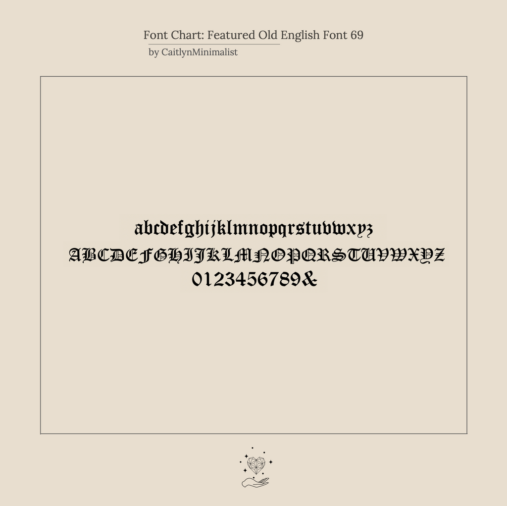 A sample of Year Necklace’s Featured Old English Font 69, displaying uppercase, lowercase, numbers, and an ampersand—ideal for crafting a gothic or personalized birth year necklace.