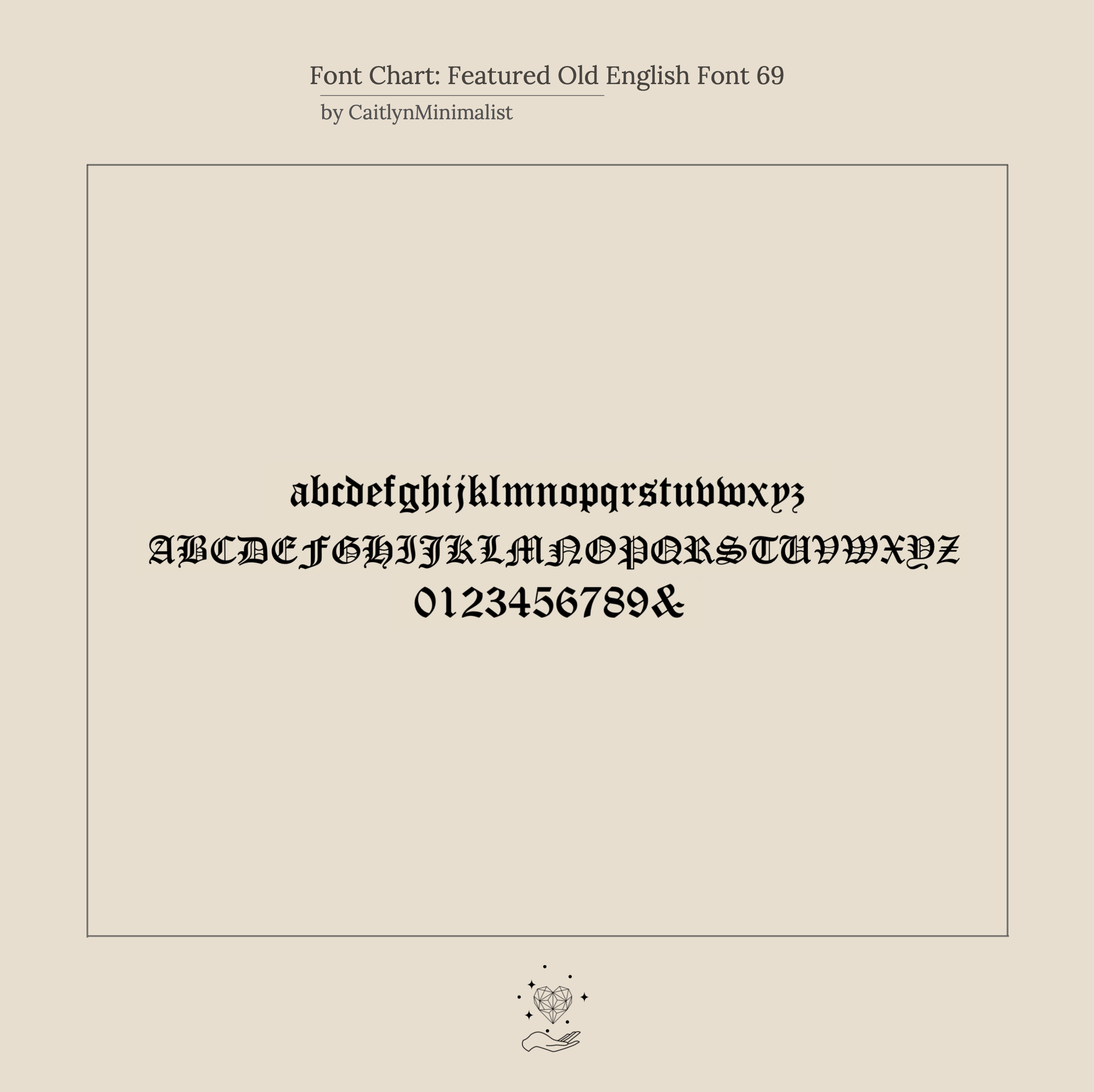 A sample of Year Necklace’s Featured Old English Font 69, displaying uppercase, lowercase, numbers, and an ampersand—ideal for crafting a gothic or personalized birth year necklace.