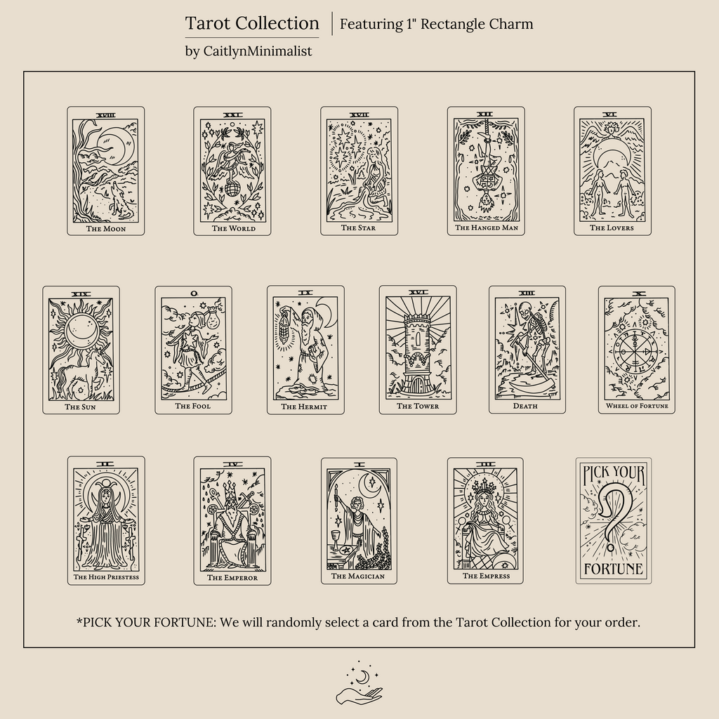 The Tarot Necklace in Box Chain features fourteen minimalist Major Arcana tarot card designs arranged in two rows above a central “Pick Your Fortune” mystery card.