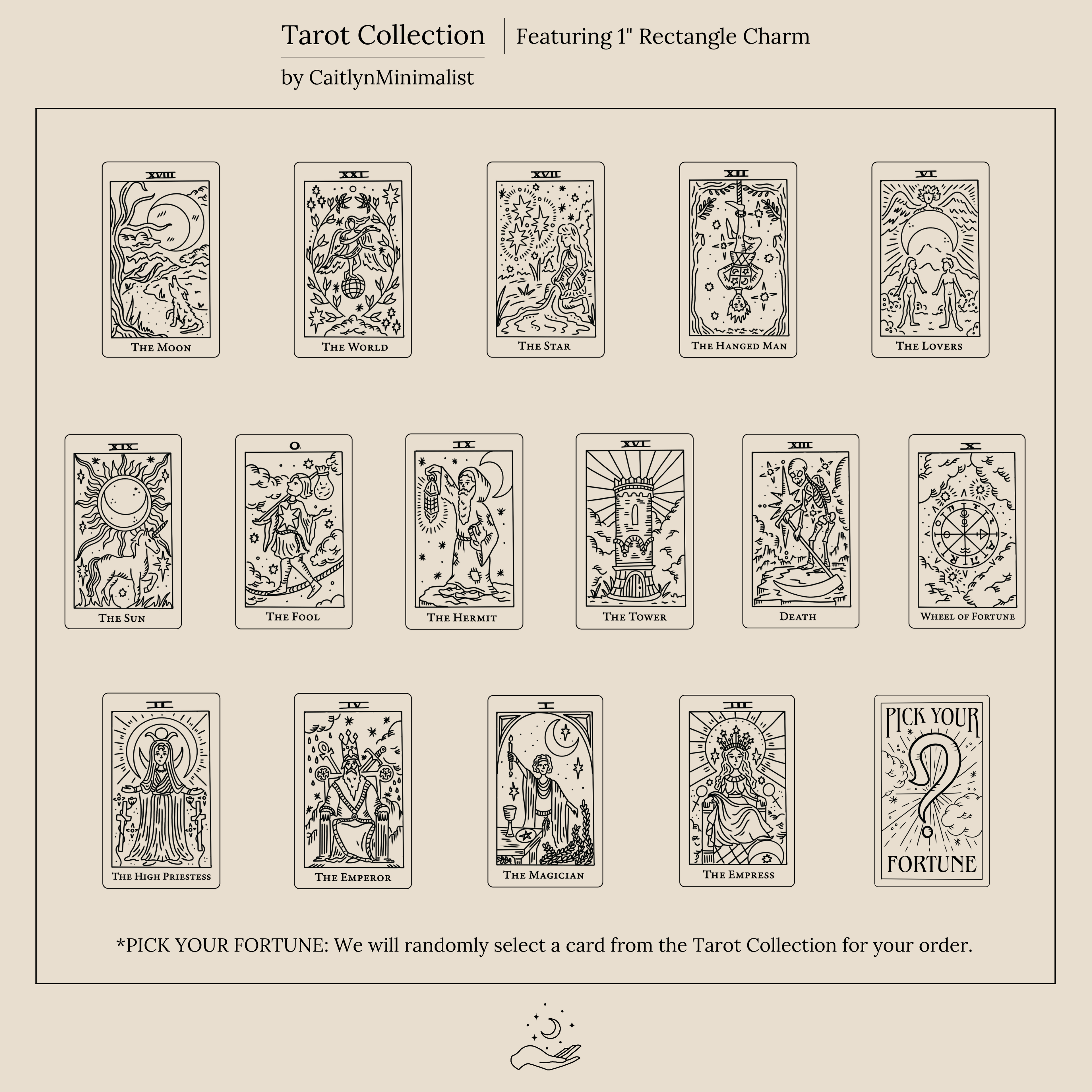The Tarot Necklace in Box Chain features fourteen minimalist Major Arcana tarot card designs arranged in two rows above a central “Pick Your Fortune” mystery card.