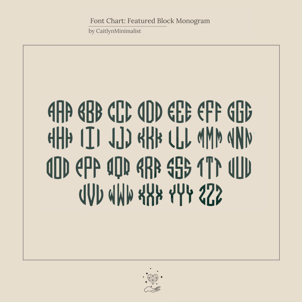A chart displays stylized, geometric block monogram letter pairs in green, inspired by the Block Monogram Earrings collection.