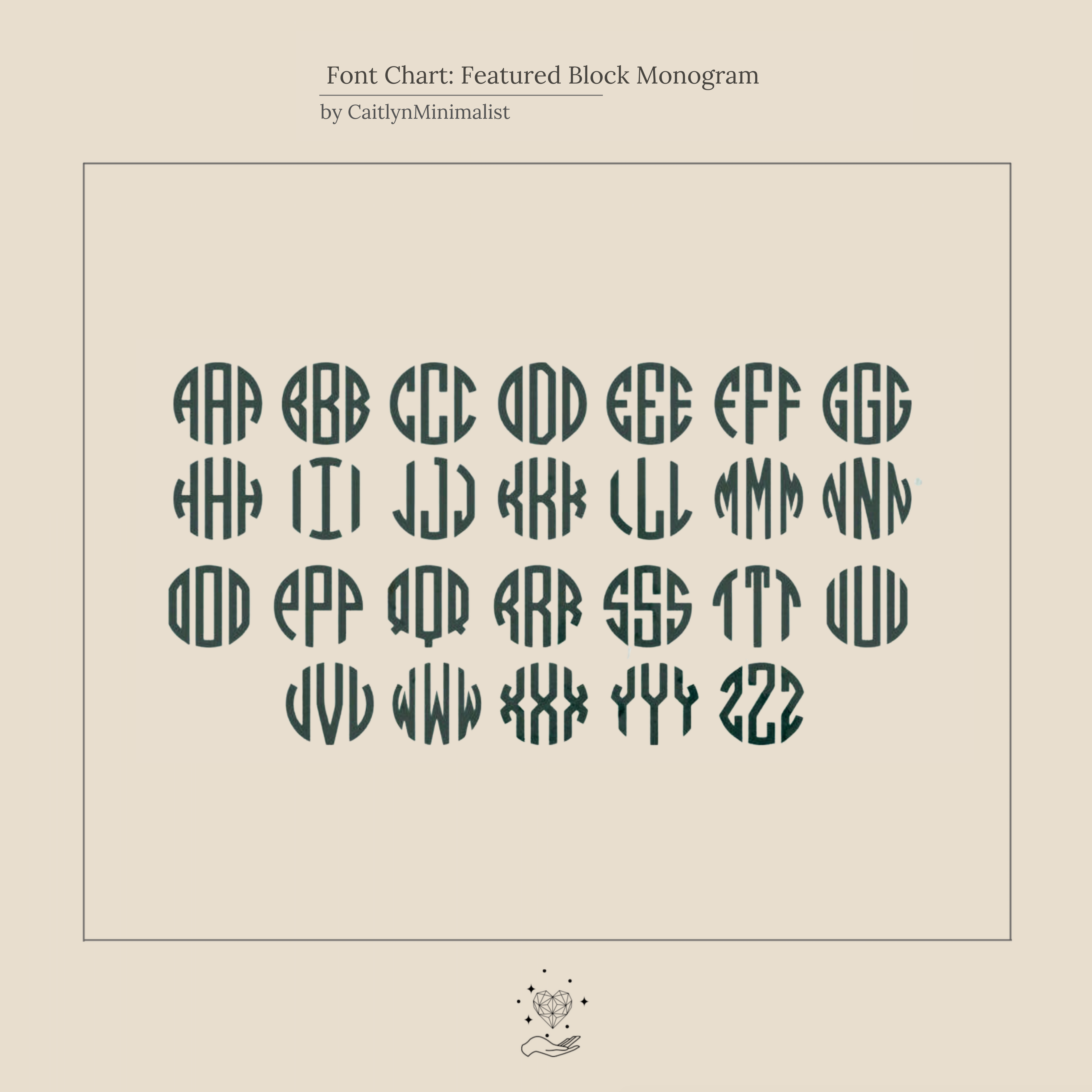 A chart displays stylized, geometric block monogram letter pairs in green, inspired by the Block Monogram Earrings collection.