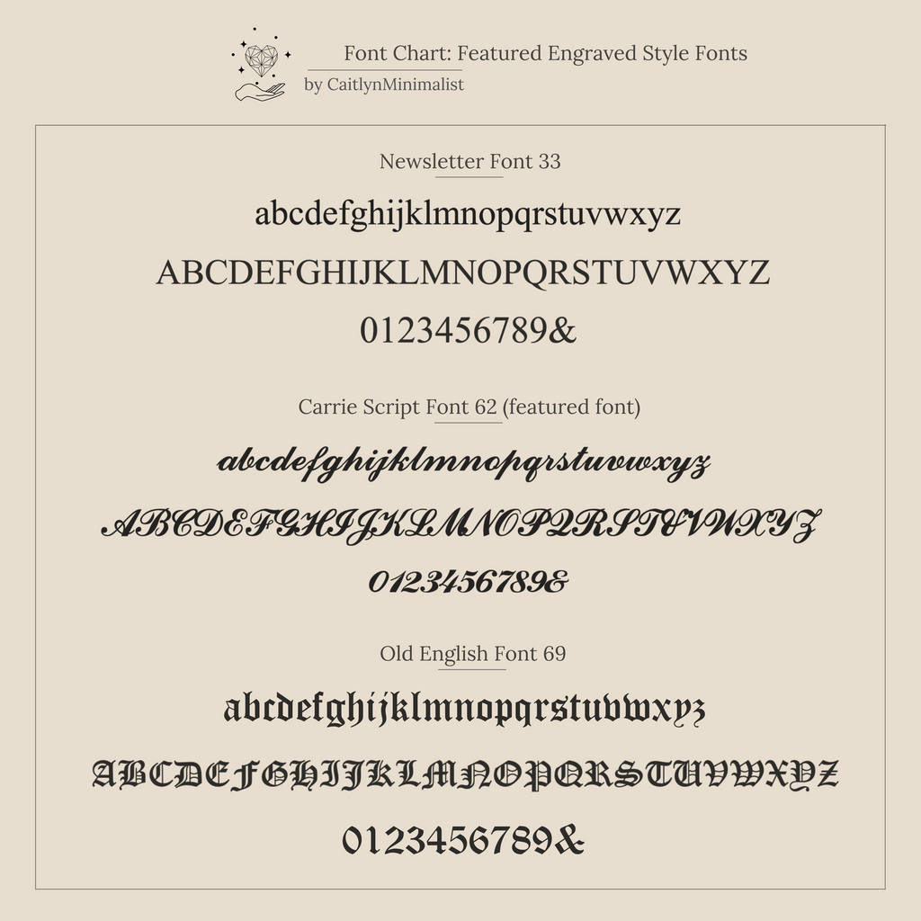 Font chart features Newsletter, Carrie Script, and Old English engraving styles with letters and numbers—ideal for customizing your Initial Signet Ring or adding a unique gothic touch.