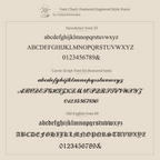 Font chart features Newsletter, Carrie Script, and Old English engraving styles with letters and numbers—ideal for customizing your Initial Signet Ring or adding a unique gothic touch.