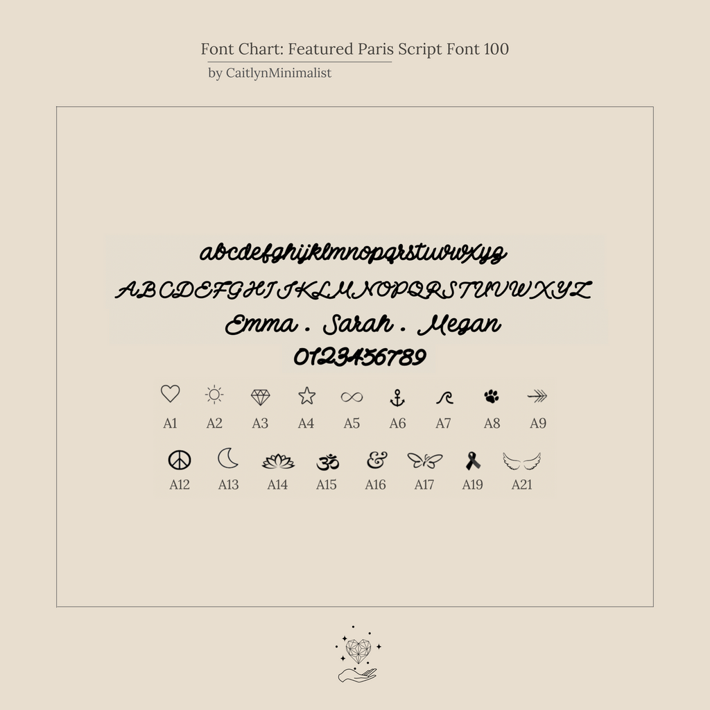 Cursive font chart with uppercase, lowercase, numbers, sample names, and 12 small symbols—perfect for customizing your Paris Thin Name Signet Ring in Rose Gold or stacking ring design.