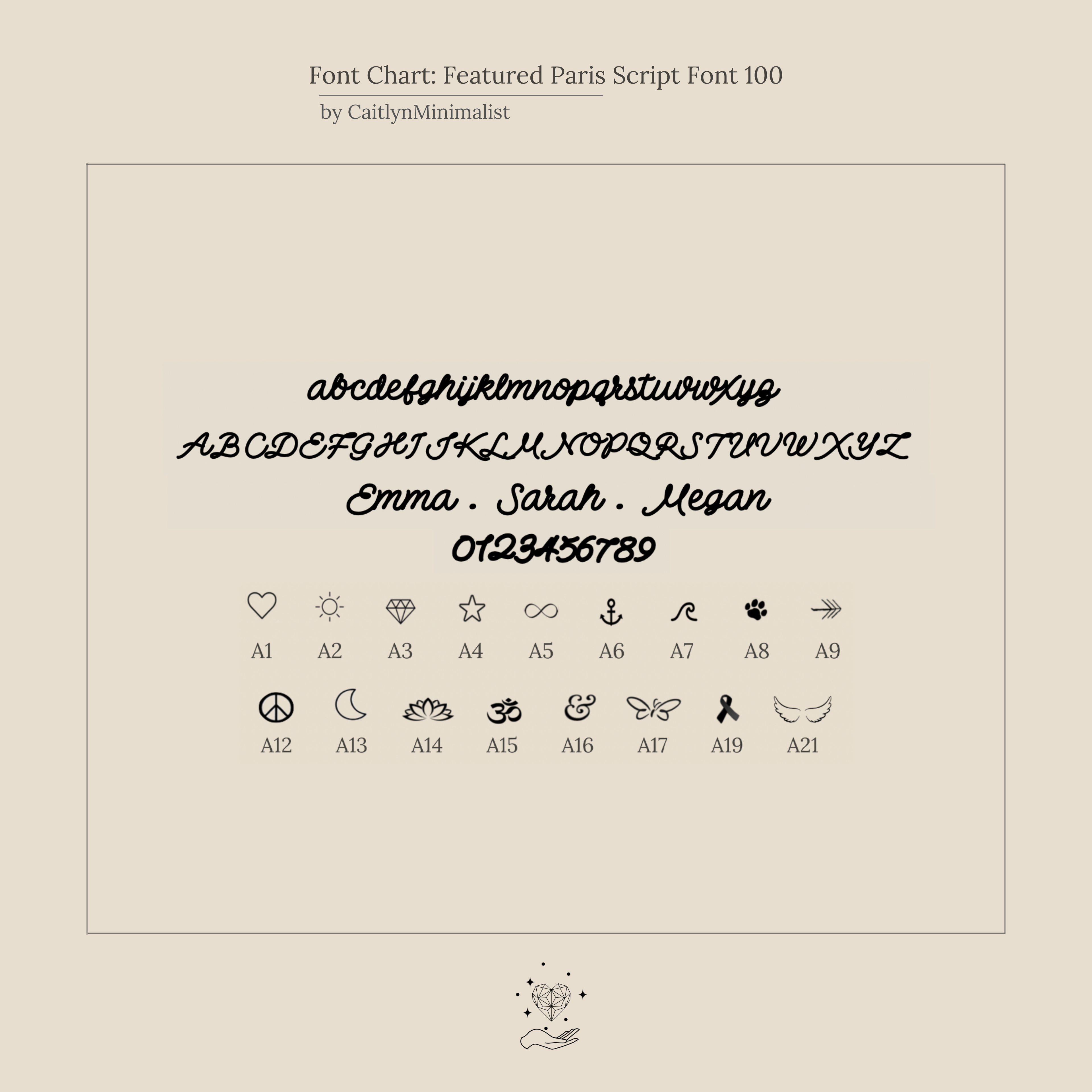 Cursive font chart with uppercase, lowercase, numbers, sample names, and 12 small symbols—perfect for customizing your Paris Thin Name Signet Ring in Rose Gold or stacking ring design.