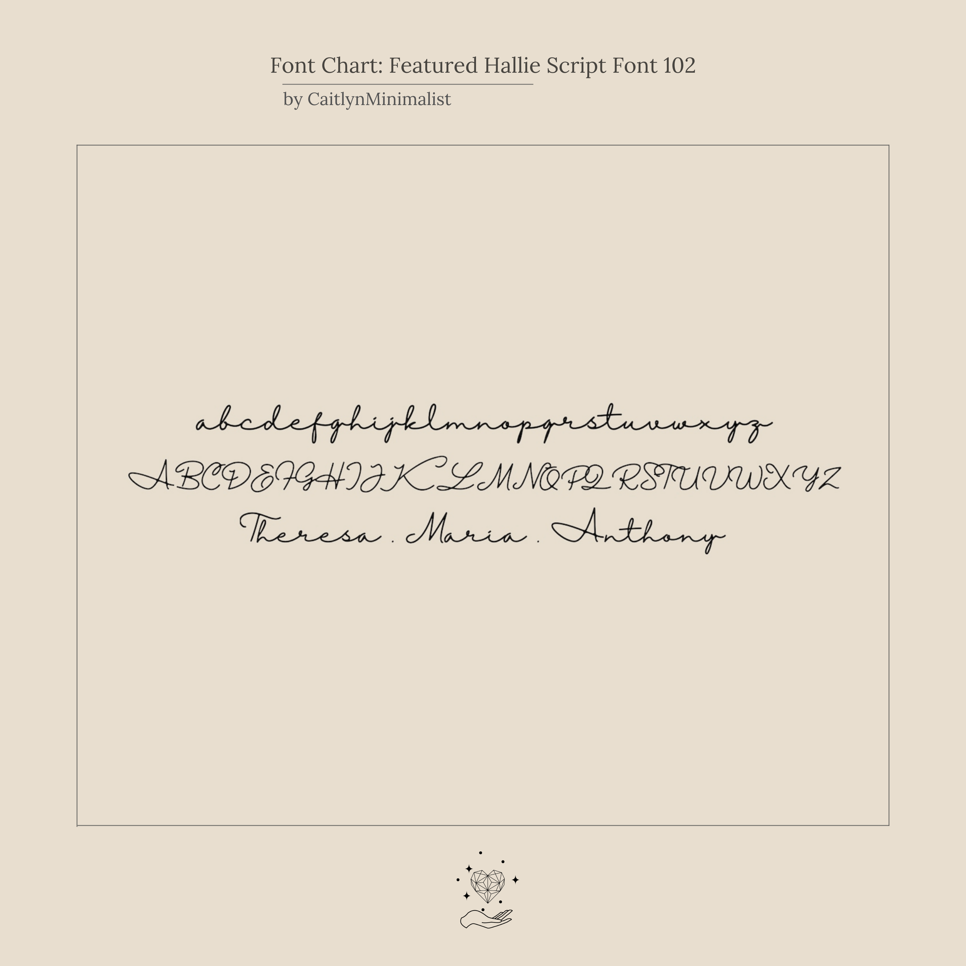 A font chart displaying Hallie Script cursive letters, including sample names “Theresa. Maria. Anthony.”, ideal for designing personalized Hallie Name Earrings or a custom gift like name stud earrings.