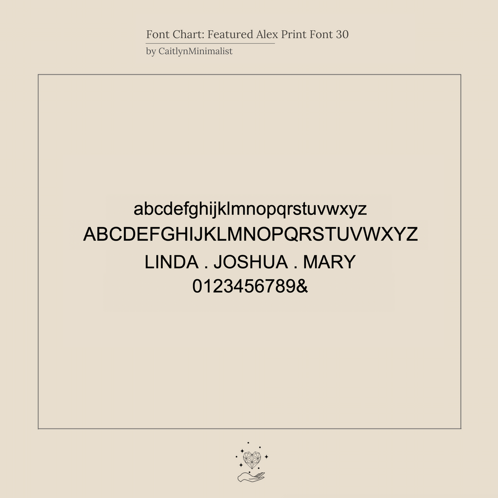 Font sample: uppercase, lowercase, numbers, and the names LINDA . JOSHUA . MARY in Alex Print font on a beige background—ideal for marking a special date with the Roman Numerals Ring in Rose Gold.