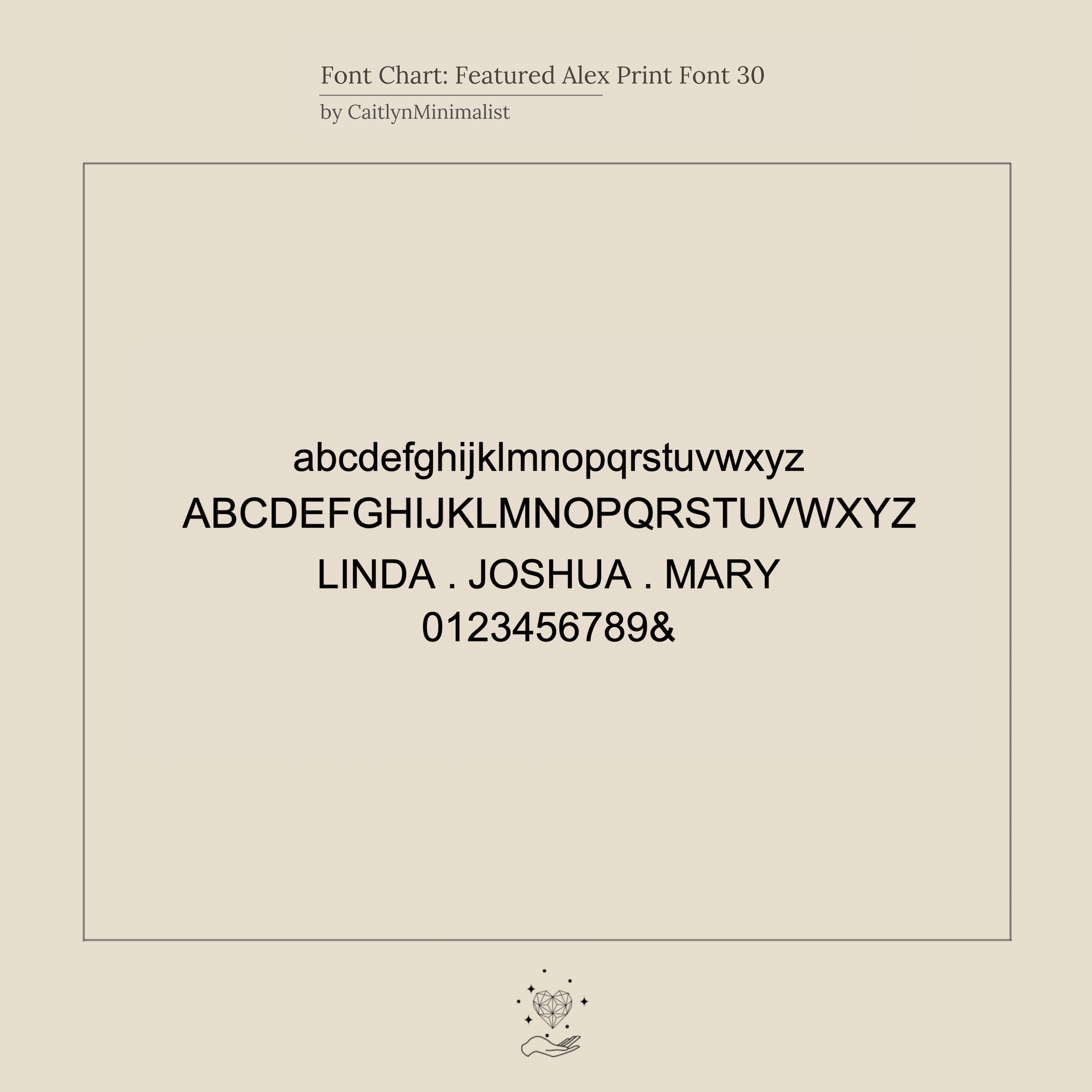 Font sample: uppercase, lowercase, numbers, and the names LINDA . JOSHUA . MARY in Alex Print font on a beige background—ideal for marking a special date with the Roman Numerals Ring in Rose Gold.