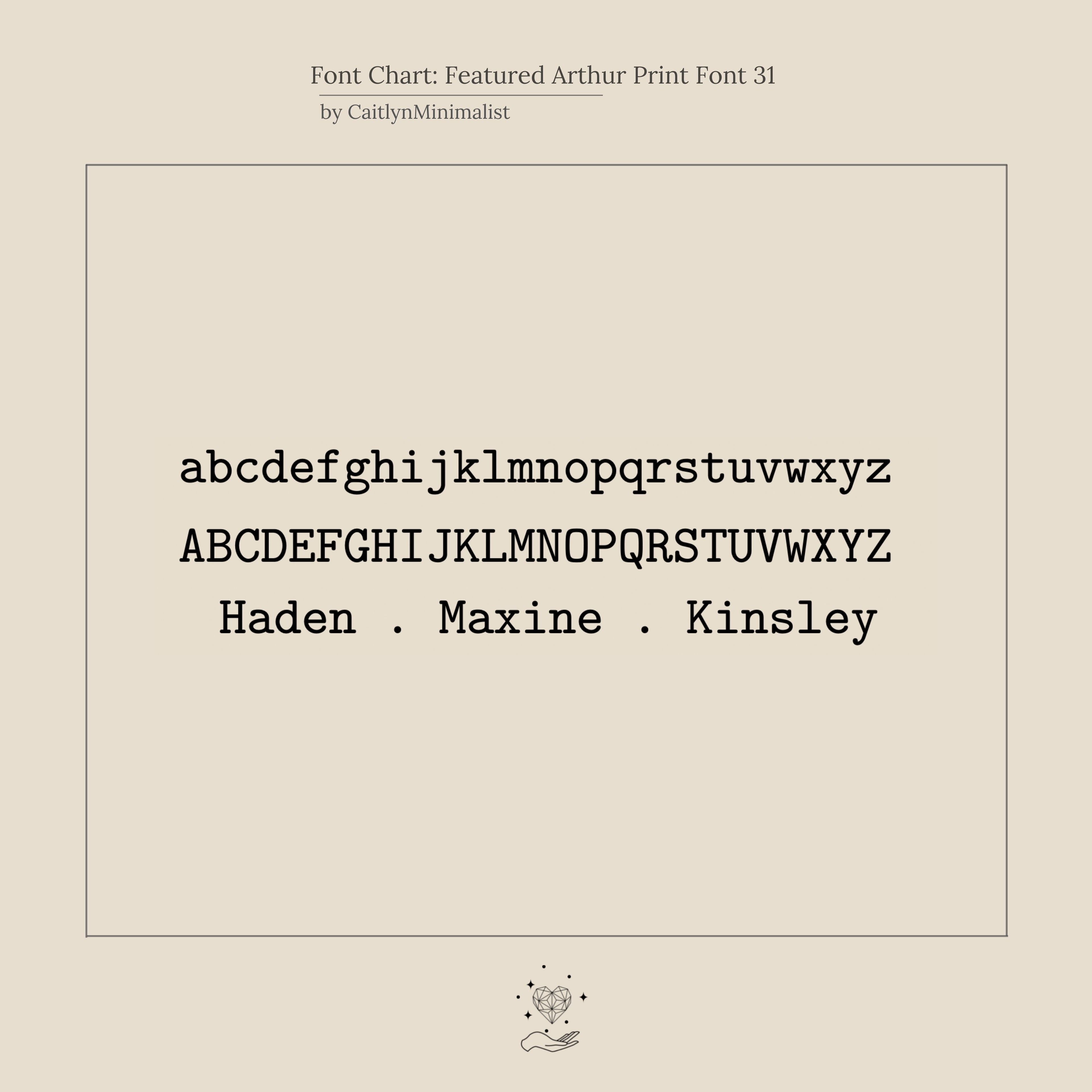 Font chart featuring lowercase, uppercase, and sample names in a serif style on a light background—perfect for designing your custom Arthur Skinny Name Ring.