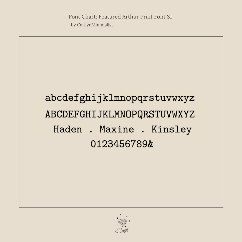 A font chart displaying uppercase, lowercase, numbers, symbols, and sample names in Arthur Print Font—perfect for customizing your Inner Circle Necklace in Rose Gold pendant and chain.