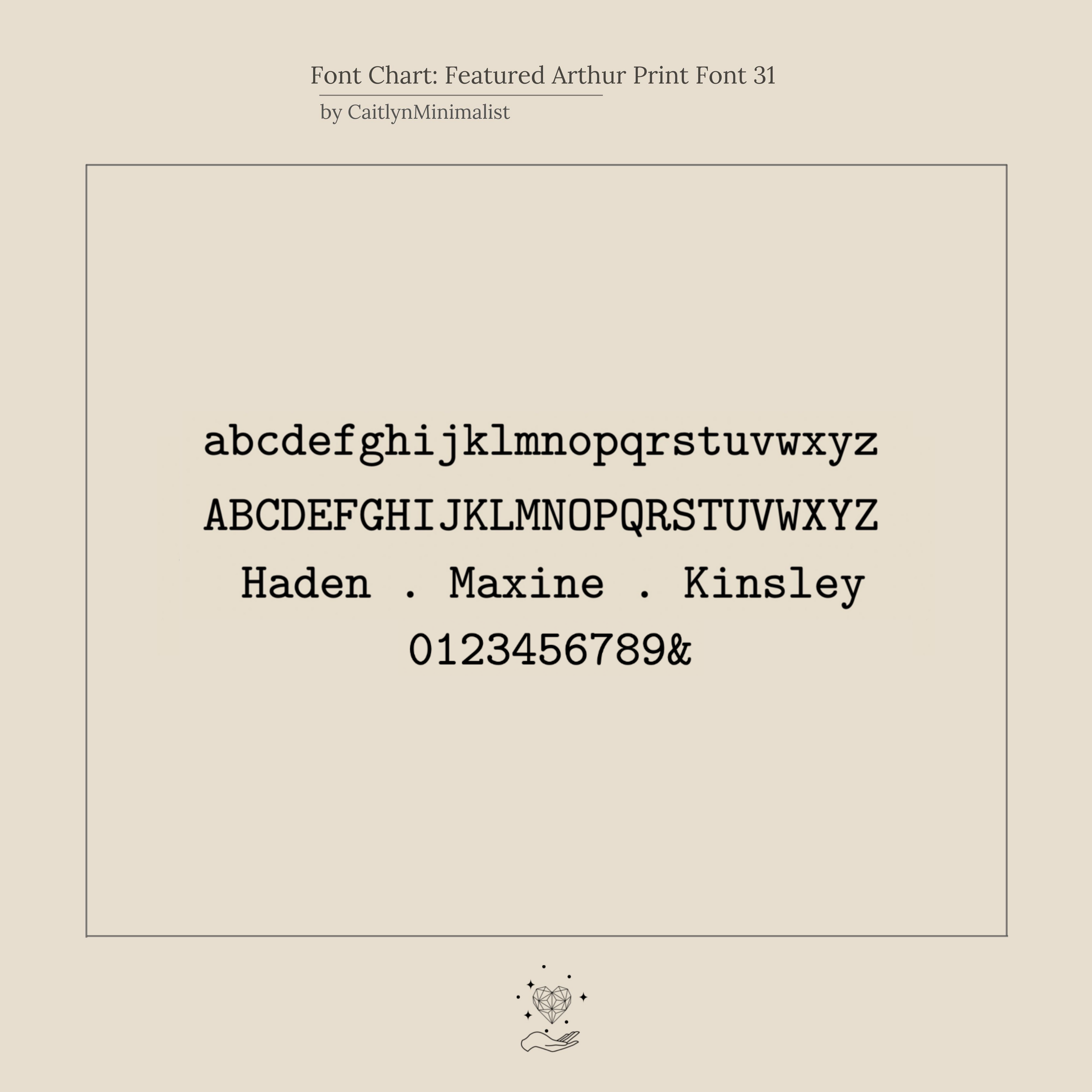A font chart displaying uppercase, lowercase, numbers, symbols, and sample names in Arthur Print Font—perfect for customizing your Inner Circle Necklace in Rose Gold pendant and chain.
