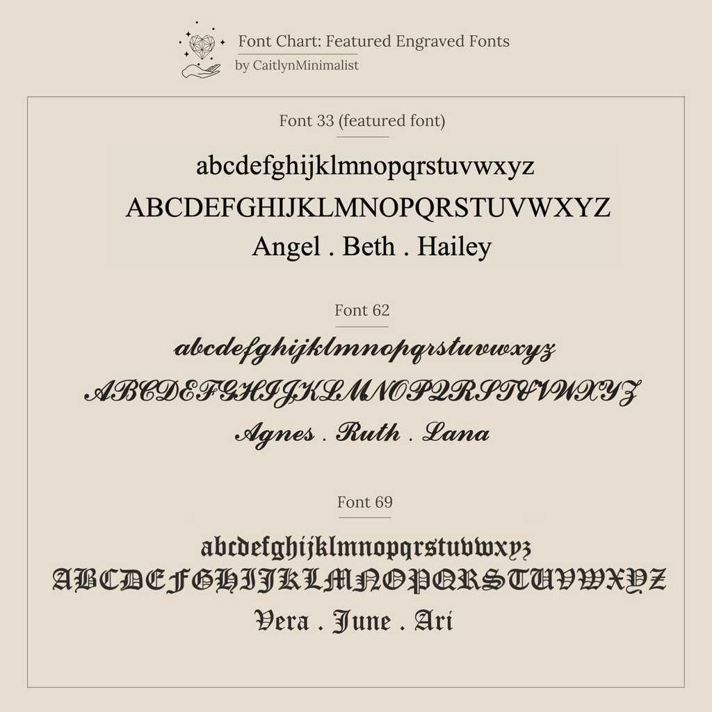 Font chart shows three engraved fonts with sample names—serif, script, and bold serif—ideal for customizing your Padlock Paperclip Necklace.