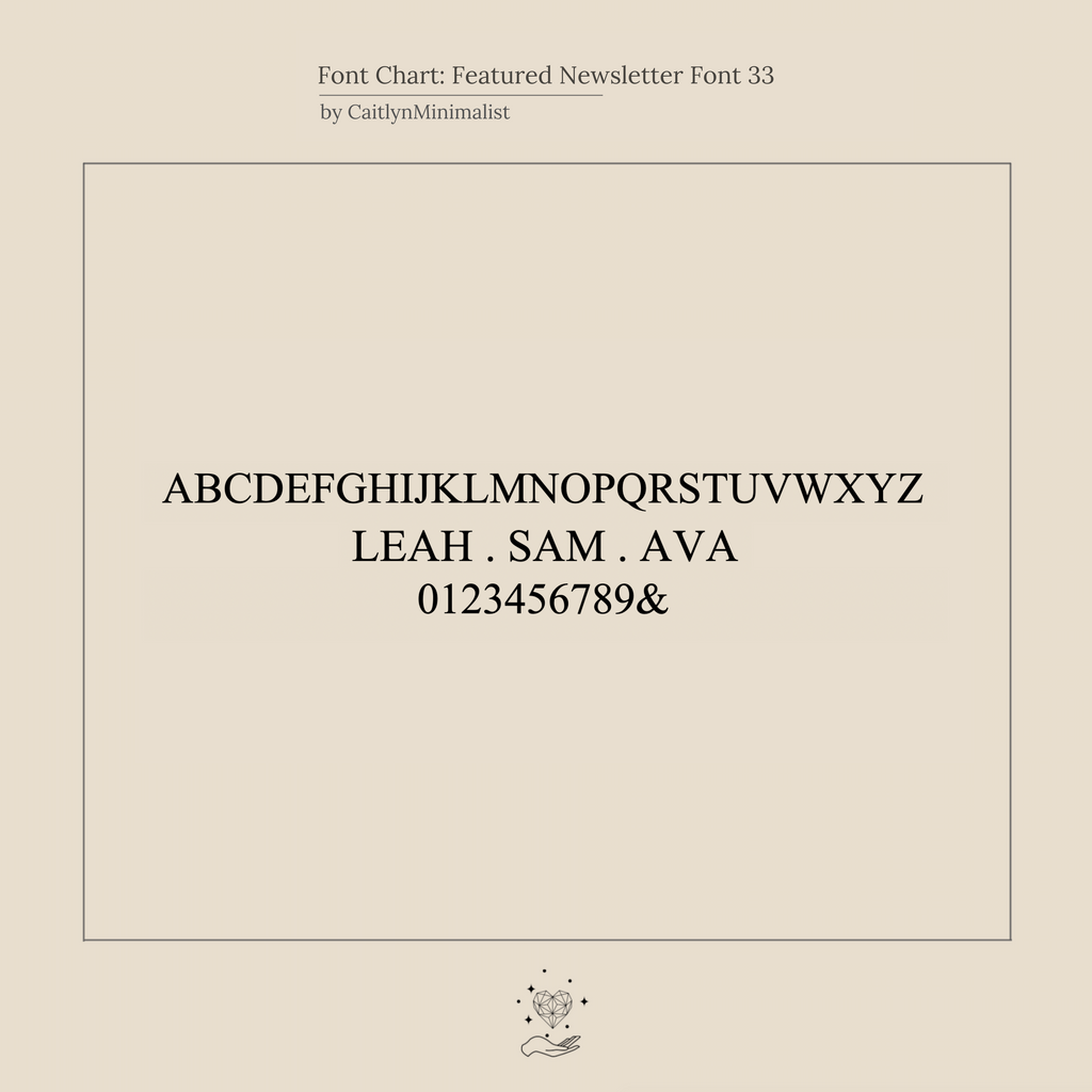 The Newsletter Curb Name Ring features minimalist serif letters and numbers on a beige background with subtle decor—perfect for personalizing your ring or inspiring elegant chain designs.