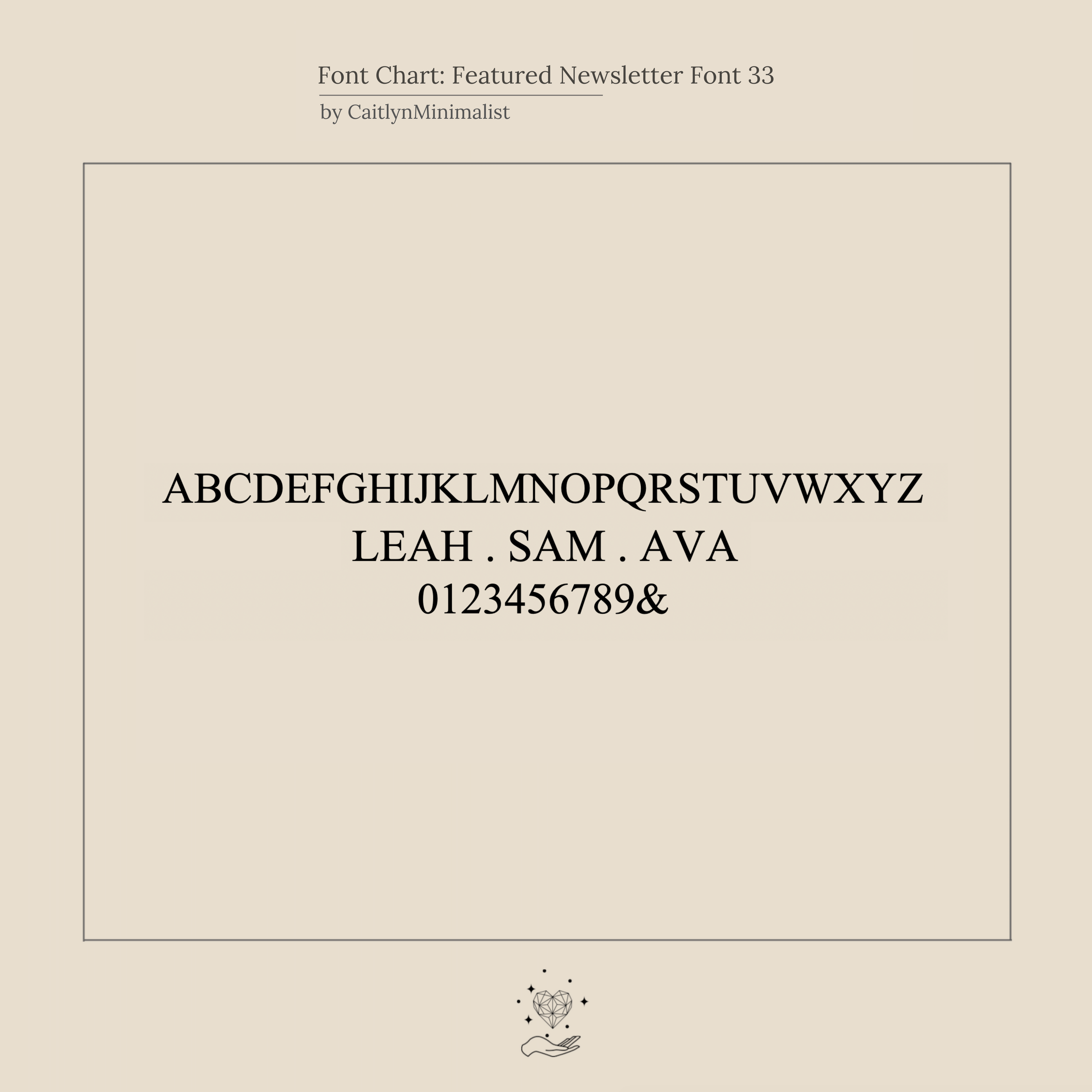 The Newsletter Curb Name Ring features minimalist serif letters and numbers on a beige background with subtle decor—perfect for personalizing your ring or inspiring elegant chain designs.