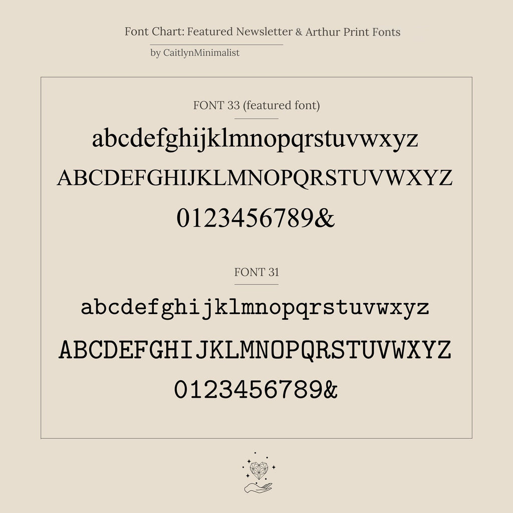 A font chart displays uppercase, lowercase, and numbers for FONT 33 and FONT 31 on beige—ideal for selecting engraving styles on the Custom Pave Hexagon Bracelet, a great choice for an anniversary gift.