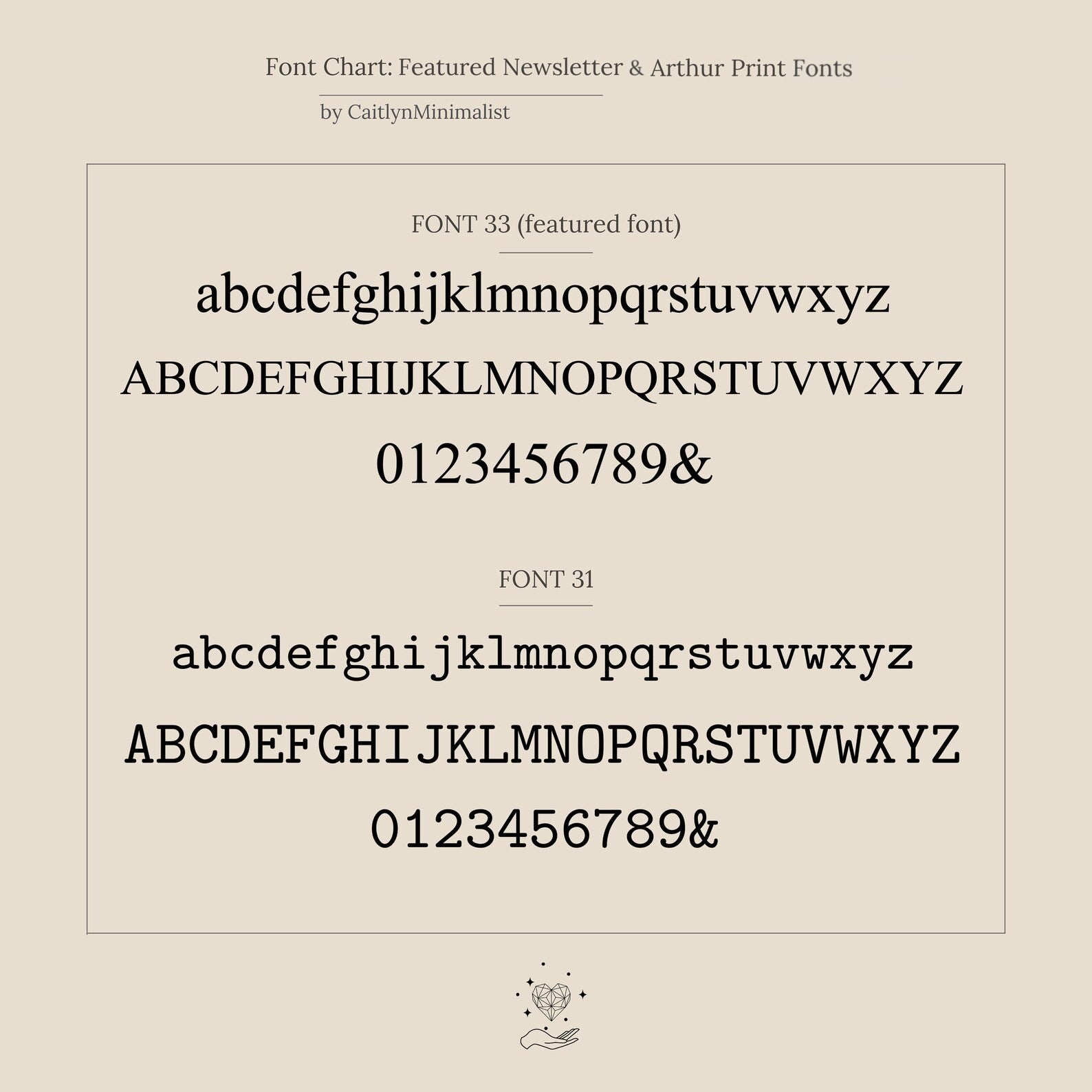 A font chart displays uppercase, lowercase, and numbers for FONT 33 and FONT 31 on beige—ideal for selecting engraving styles on the Custom Pave Hexagon Bracelet, a great choice for an anniversary gift.