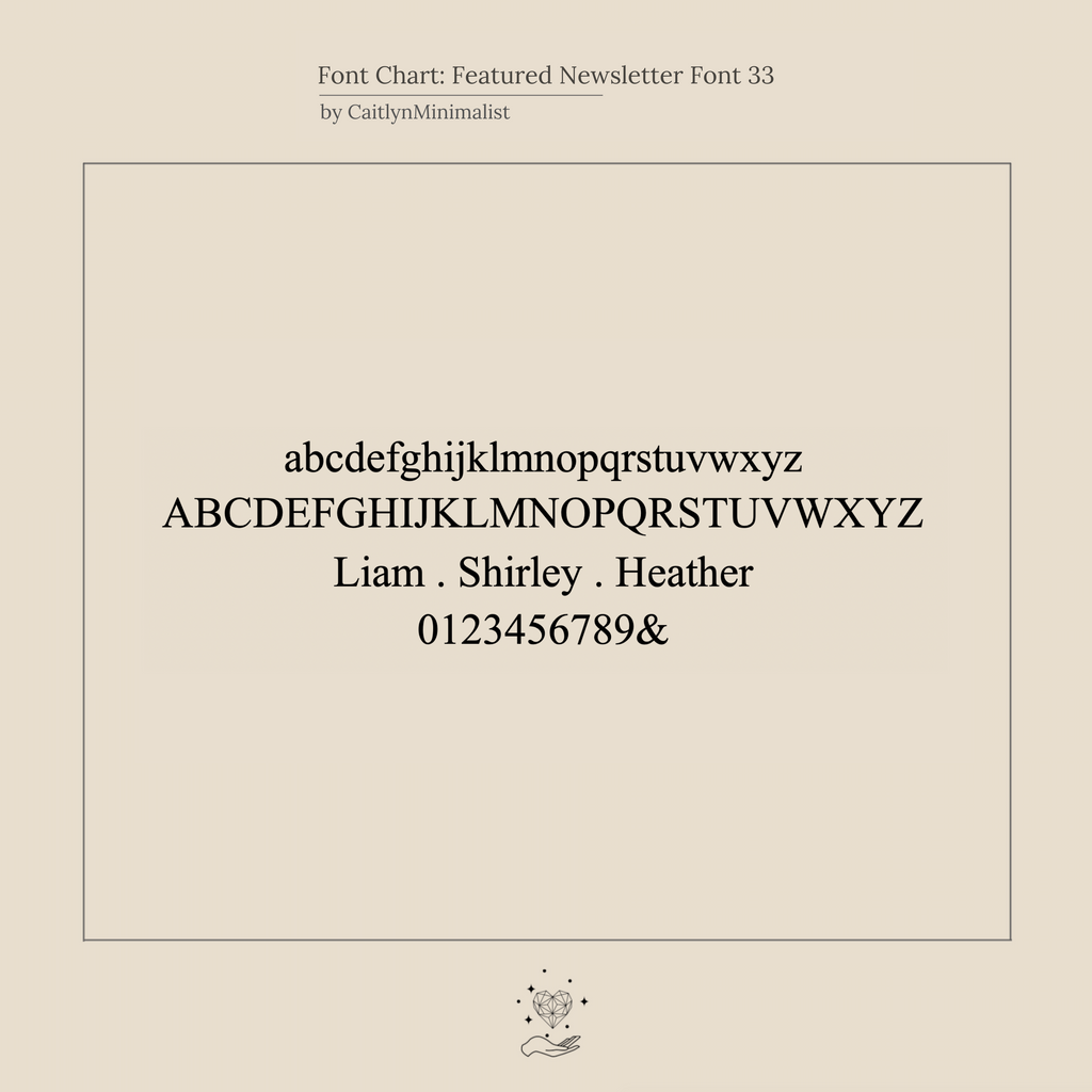 A font chart shows uppercase, lowercase, numbers, symbols, and sample names in a serif font—ideal for designing an initial-themed Padlock Necklace in Rose Gold or making a unique fashion statement.