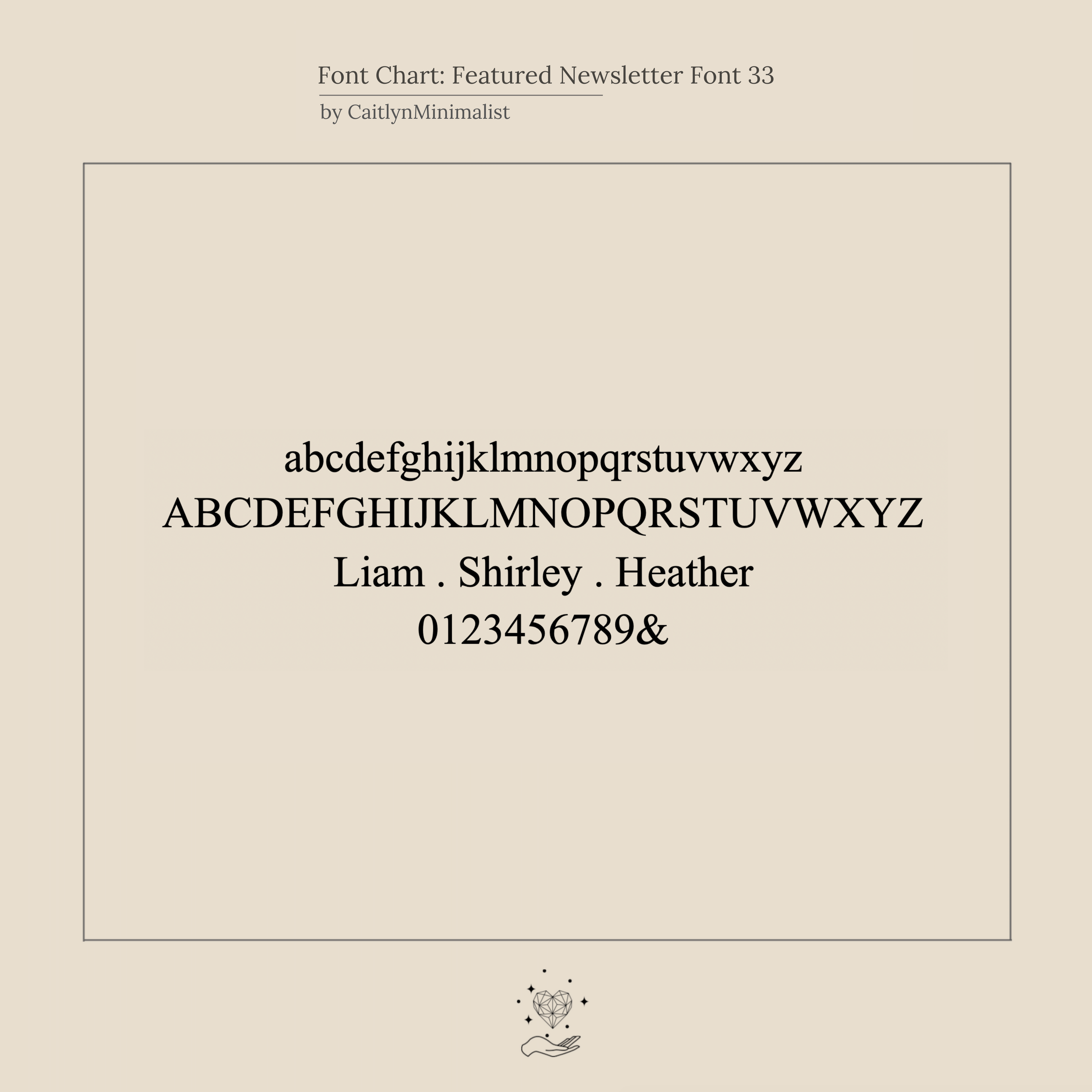 A font chart shows uppercase, lowercase, numbers, symbols, and sample names in a serif font—ideal for designing an initial-themed Padlock Necklace in Rose Gold or making a unique fashion statement.