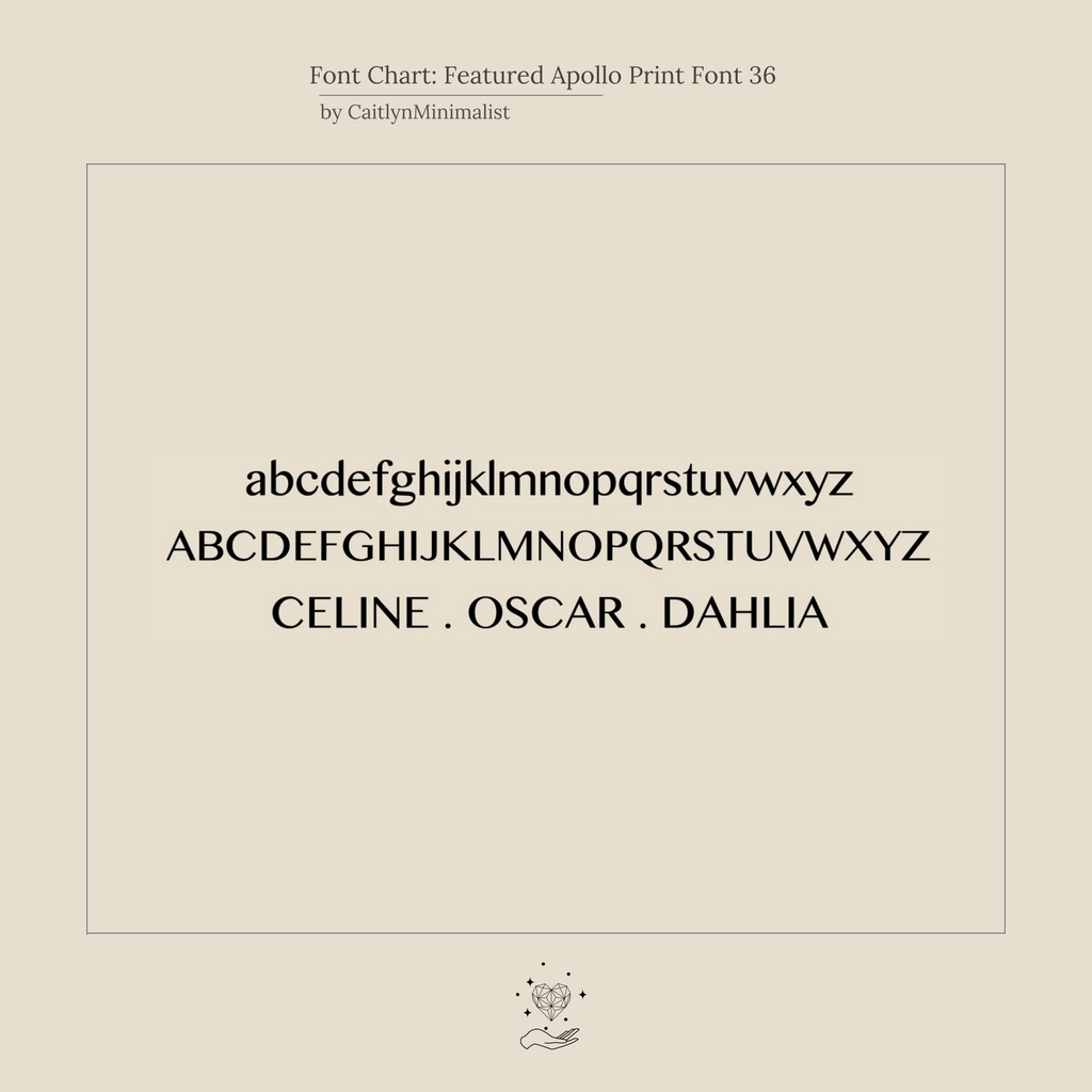 A font chart shows Apollo Print Font 36 with sample text in upper and lowercase, perfect for designing your Apollo Letter Name Necklace or custom initial necklace.