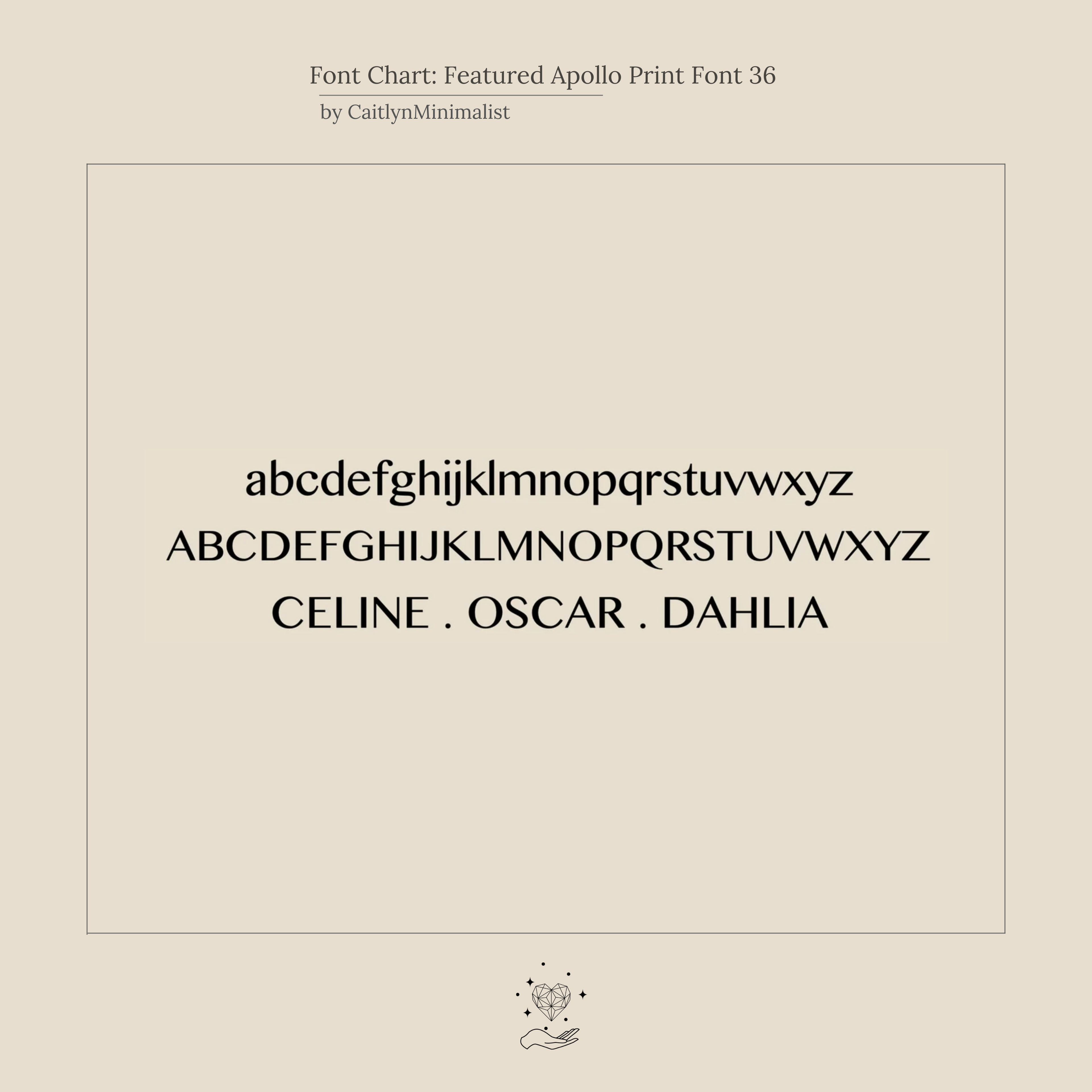 A font chart shows Apollo Print Font 36 with sample text in upper and lowercase, perfect for designing your Apollo Letter Name Necklace or custom initial necklace.