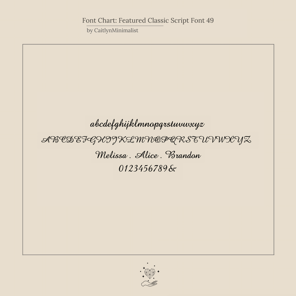 Script font chart showing uppercase, lowercase, numbers, and names “Melissa · Alice · Brandon” in cursive—ideal for designing your Classic Multiple Name Bracelet or other personalized jewelry on a dainty chain.