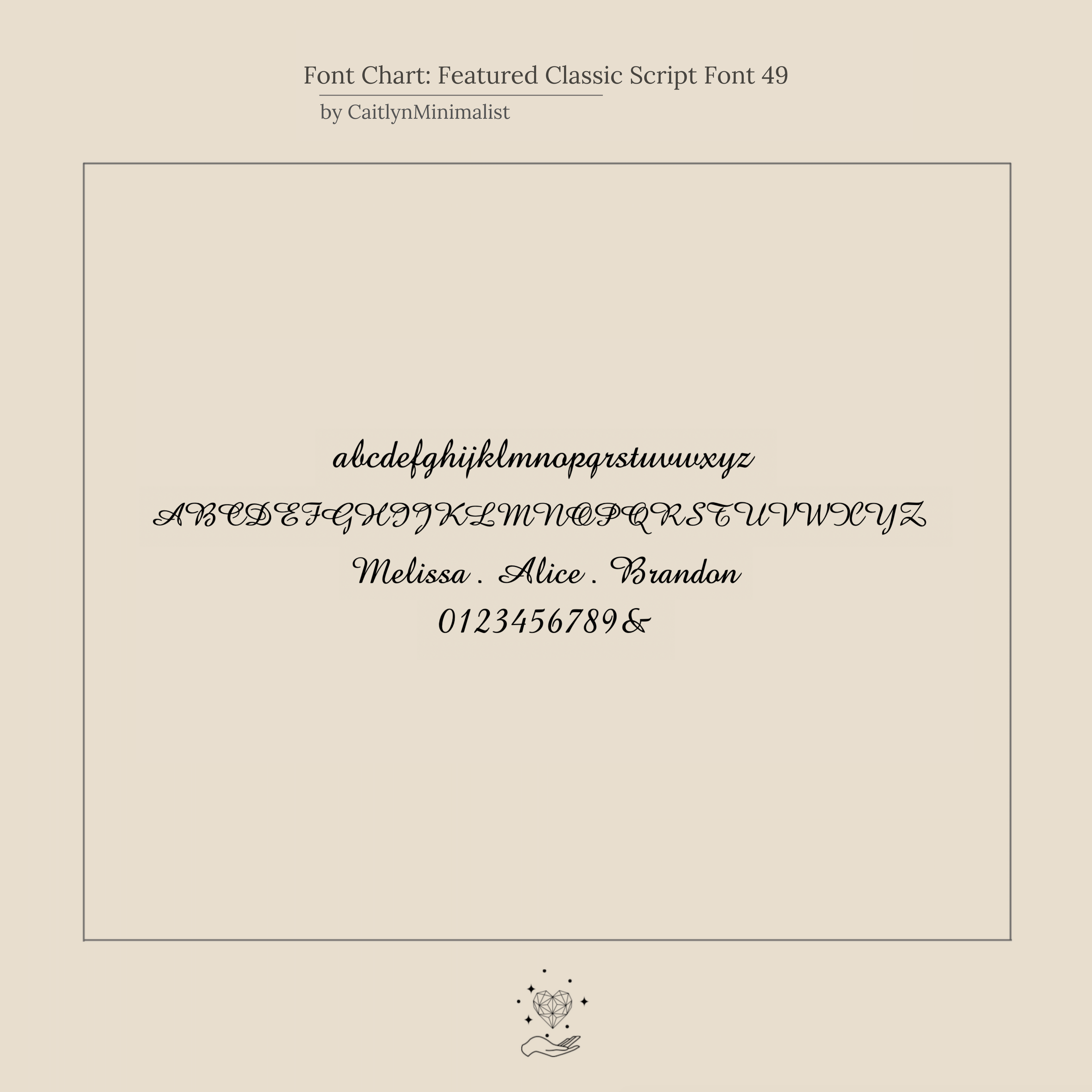 Script font chart showing uppercase, lowercase, numbers, and names “Melissa · Alice · Brandon” in cursive—ideal for designing your Classic Multiple Name Bracelet or other personalized jewelry on a dainty chain.