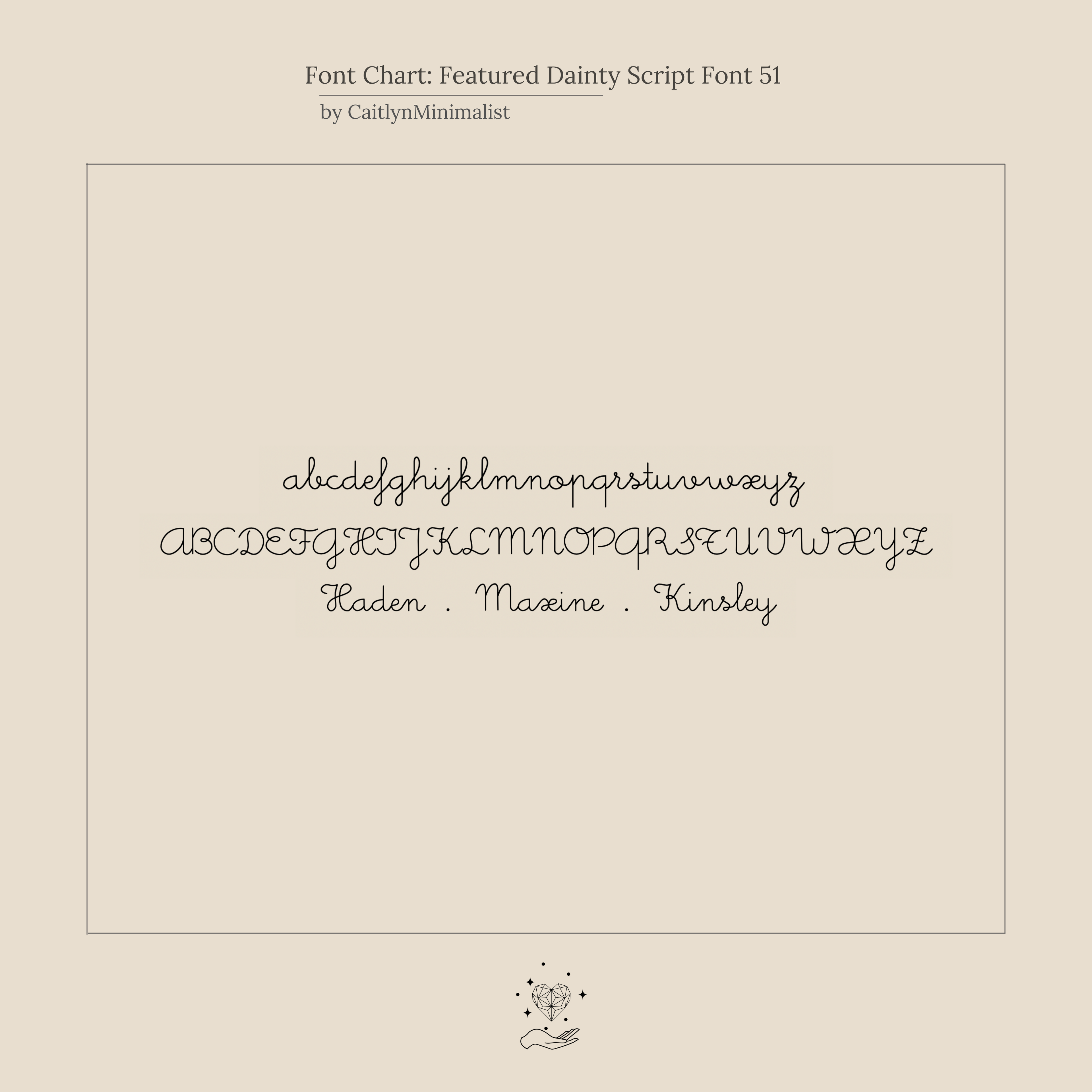 Font chart showing uppercase and lowercase script letters with three names—Haden, Maxine, Kinsley—in a dainty style, perfect for designing your Personalized Dainty Tiny Name Bracelet or other minimal jewelry pieces.