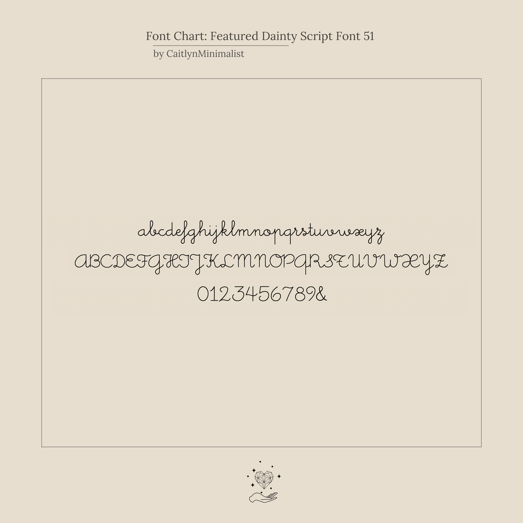 A font chart displays Dainty Script Font 51’s elegant uppercase, lowercase, and numbers—ideal for personalizing the Initial Heart Wrap Ring, a meaningful symbol of love.