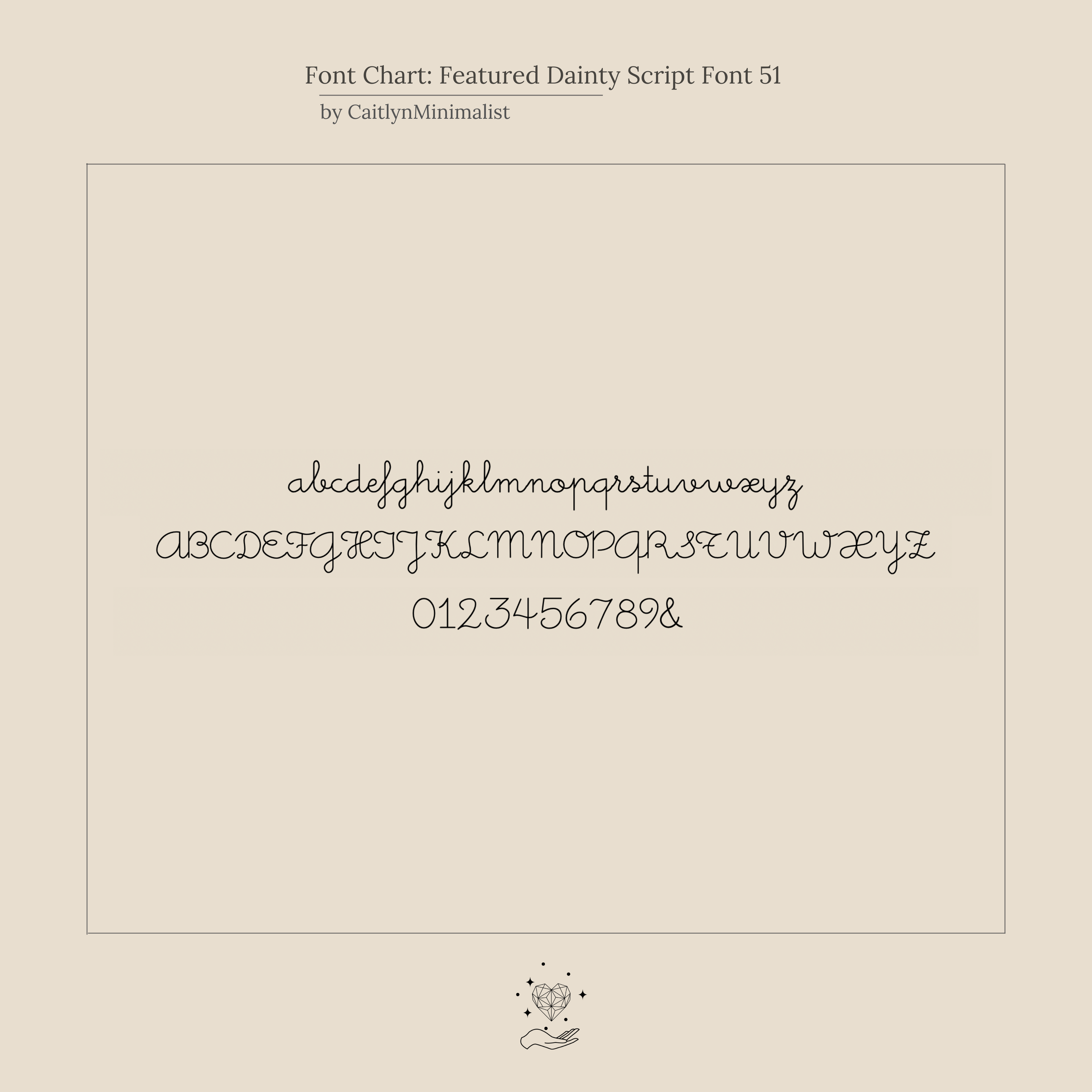 A font chart displays Dainty Script Font 51’s elegant uppercase, lowercase, and numbers—ideal for personalizing the Initial Heart Wrap Ring, a meaningful symbol of love.