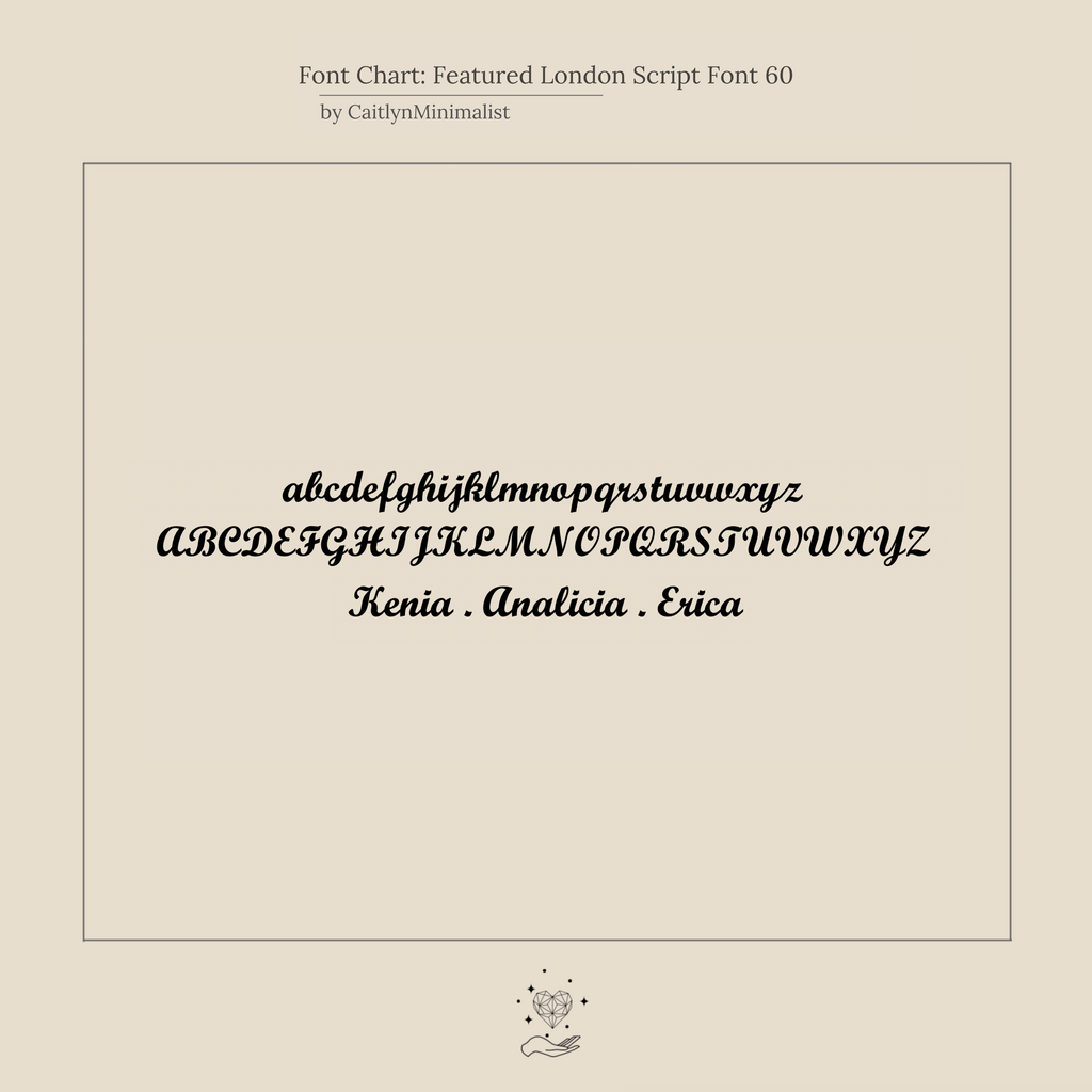 The London Multiple Name Bracelet font chart displays London Script Font 60 in uppercase and lowercase, with sample names Kenia, Analicia, and Erica—ideal for creating personalized or multiple name dainty jewelry pieces.