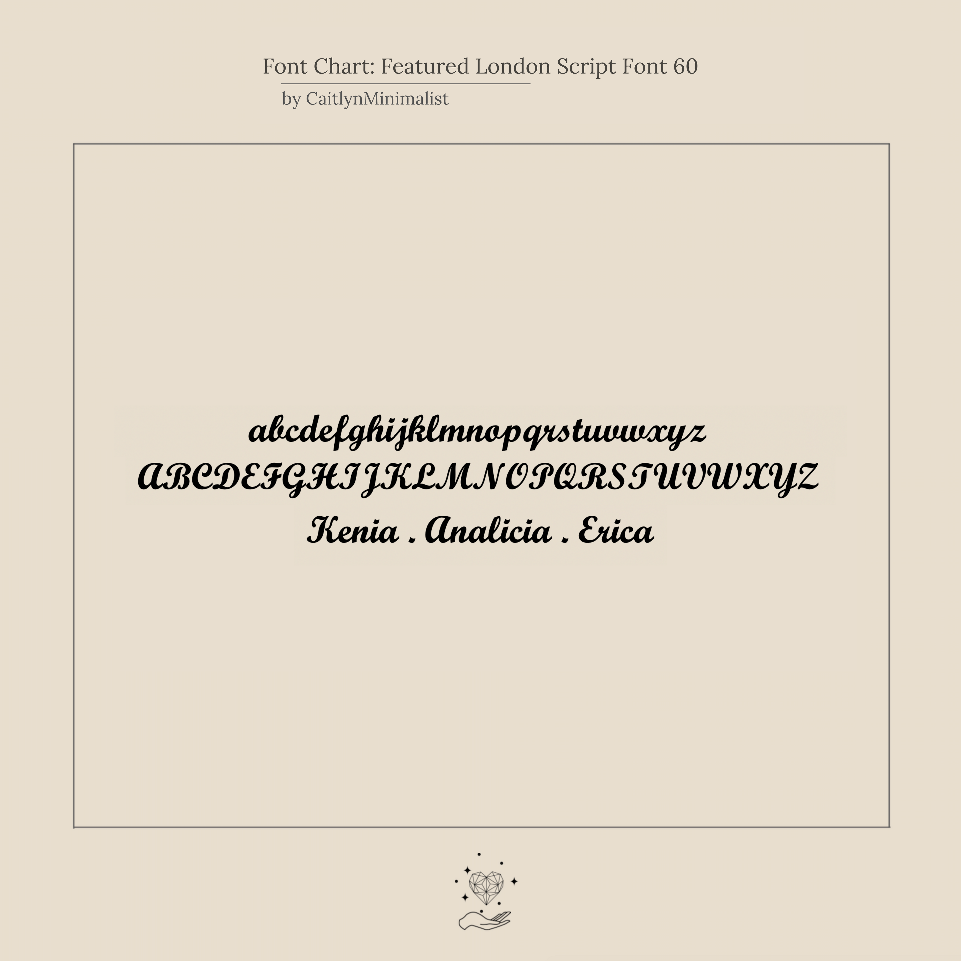 Font sample of London Script Font 60 displays elegant cursive upper and lowercase letters plus three example names—ideal for creating a personalized London Duo Name Ring or other custom jewelry.