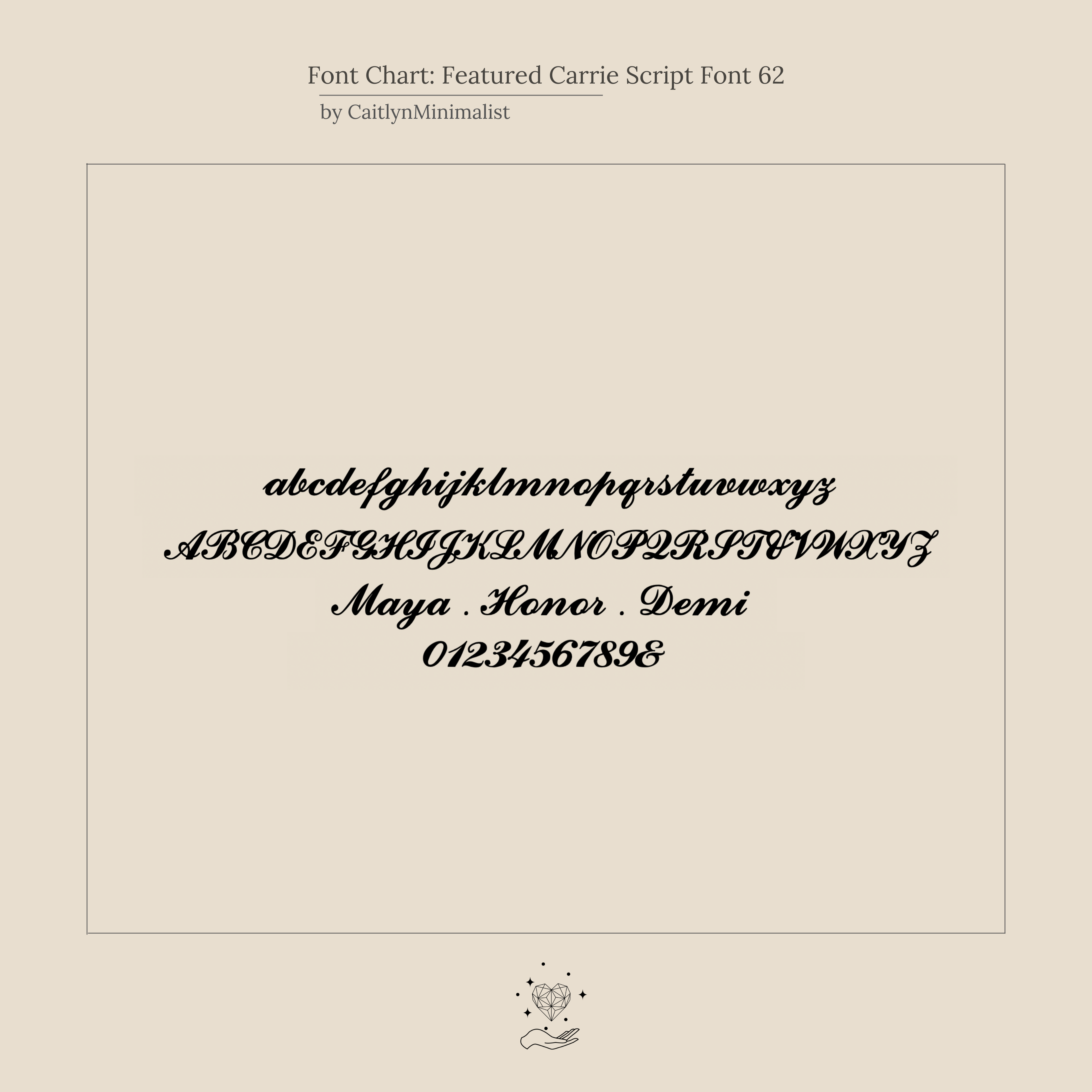 A script font chart showing cursive letters, numbers, and words—Maya, Honor, Demi—ideal for customizing the Carrie Multiple Name Necklace in Rose Gold with names on a delicate chain for a personalized jewelry piece.