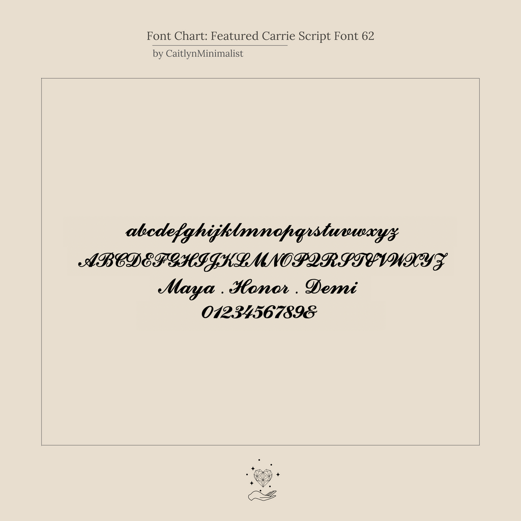 A font chart displays cursive lowercase and uppercase letters, names, and numbers in Carrie Script Font 62—ideal for designing your Carrie Name Necklace or other personalized jewelry pieces.