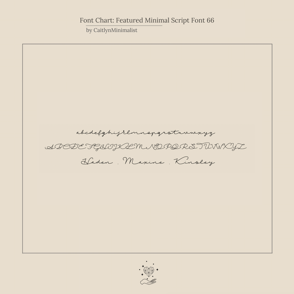 Elegant cursive font chart featuring lowercase, uppercase, and sample names—perfect for picking your Minimal Name Necklace. A stylish guide to customizing dainty jewelry with chic handwriting.