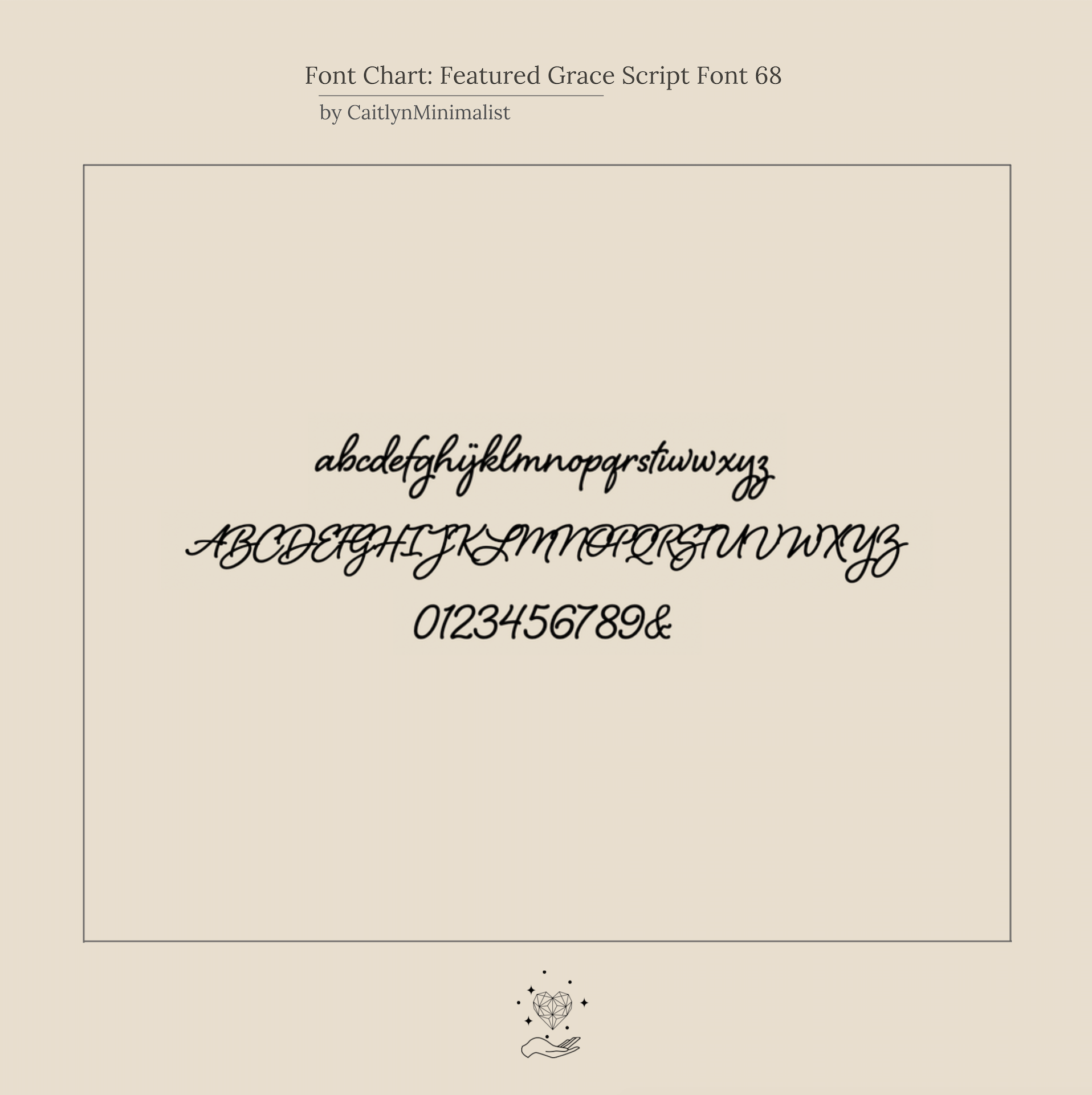 Black cursive font chart displaying uppercase, lowercase letters, and numbers on beige—ideal for customizing your Grace Duo Name Ring or creating personalized name ring designs.