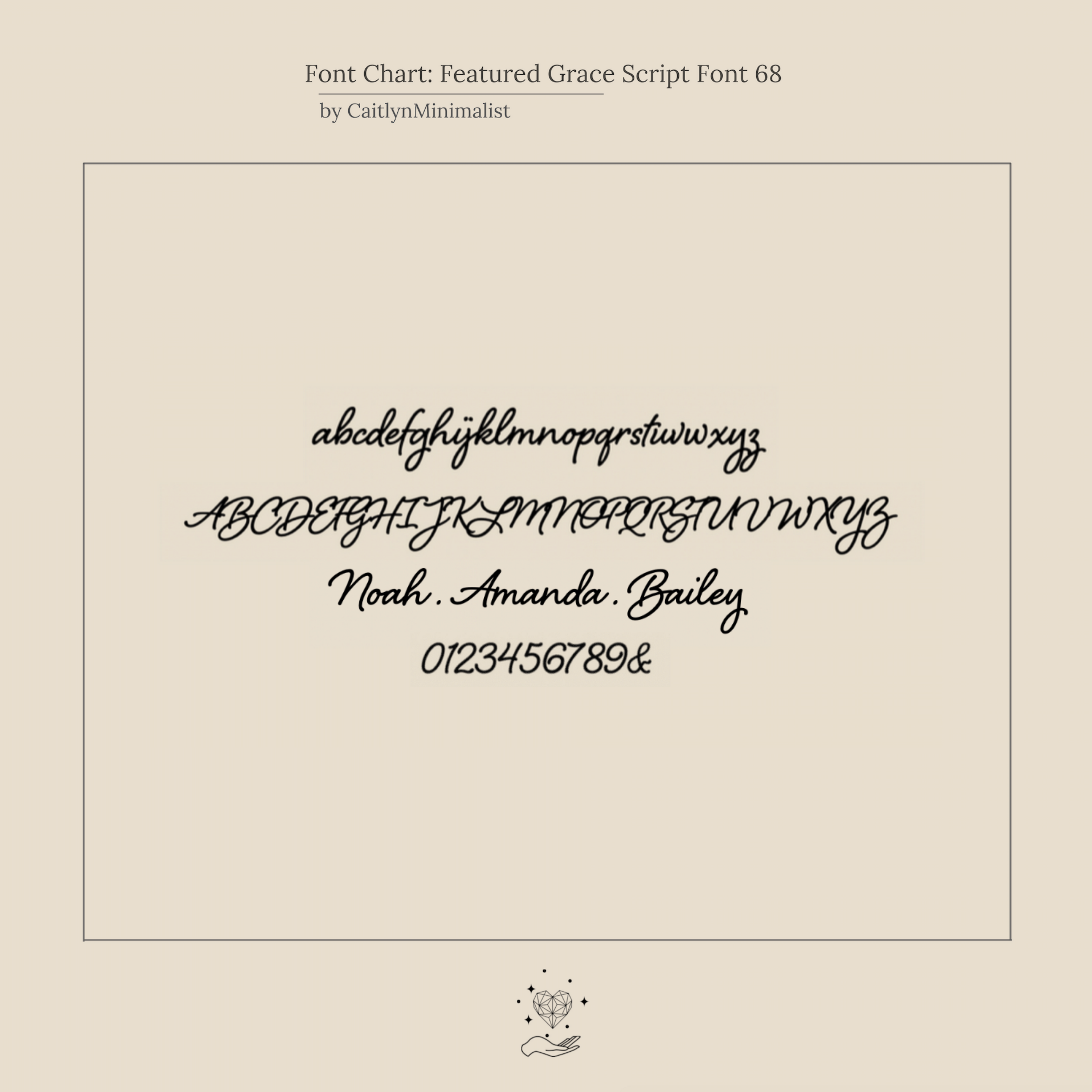 Script font chart featuring uppercase, lowercase, names, and numbers in an elegant cursive style—ideal for designing custom gifts such as the Grace Name Earrings or other personalized earrings.