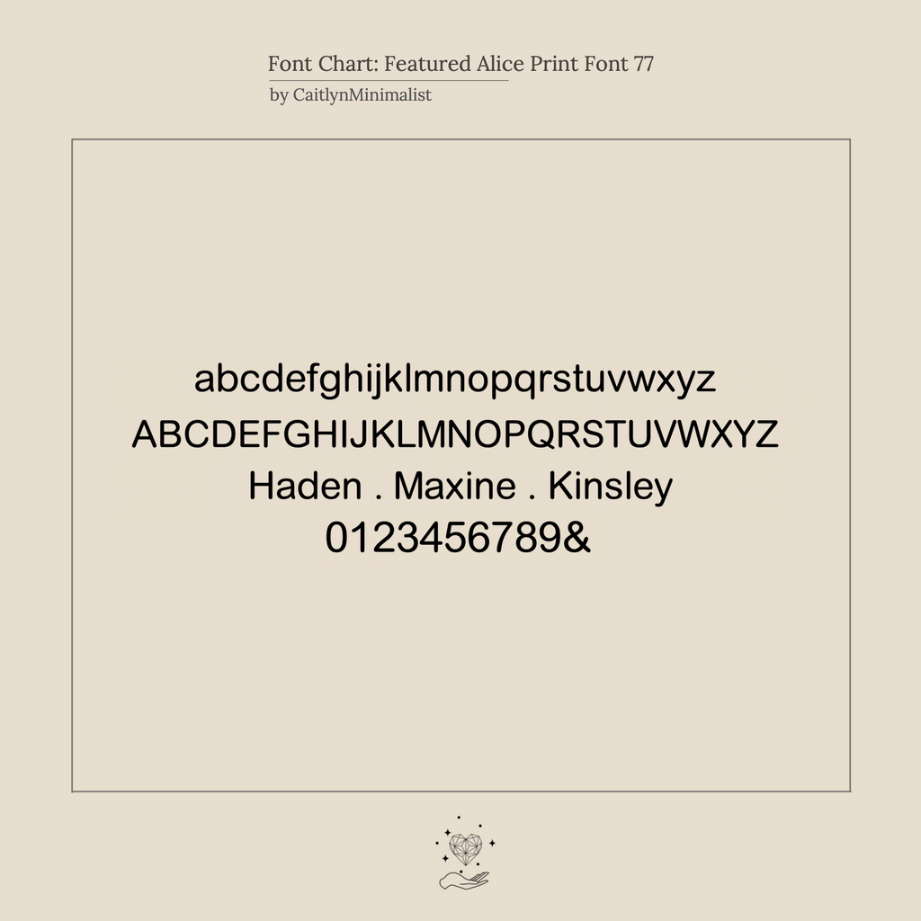 A font chart displays Alice Print Font 77 with uppercase, lowercase, numbers, and sample names—ideal for personalizing your Skinny Initial Ring.