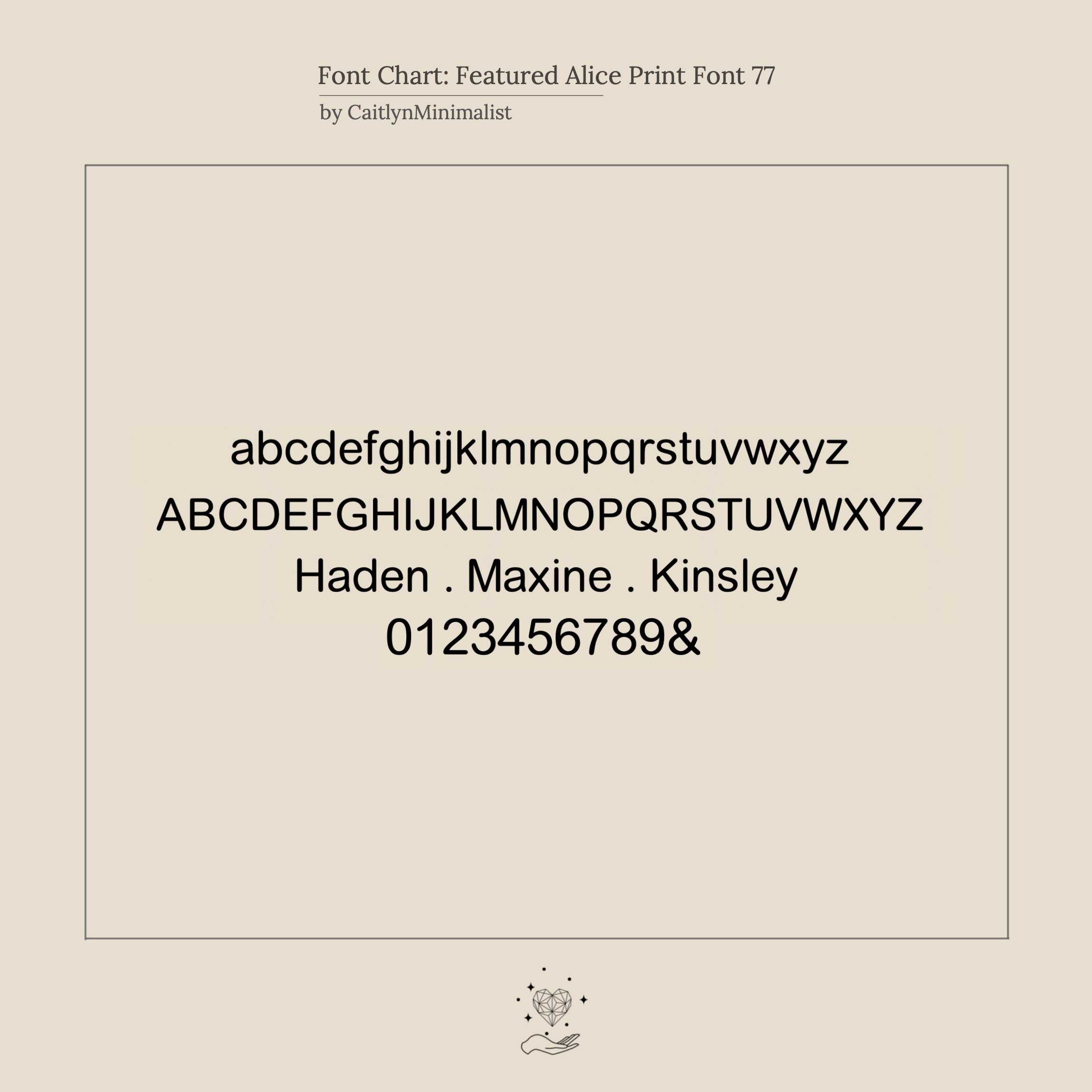 Font chart shows uppercase, lowercase letters, numbers, and symbols in the Alice Thin Engraved Ring’s serif typeface—ideal for an elegant and minimal personalized gift or engraved ring.