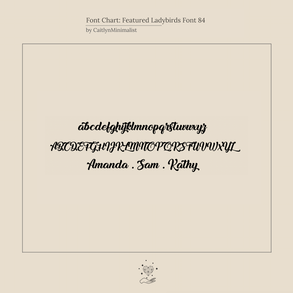 A script font chart displays uppercase, lowercase letters, and sample names—Amanda, Sam, Kathy—ideal for personalizing your Ladybirds Name Curb Bracelet or another modern bracelet style.