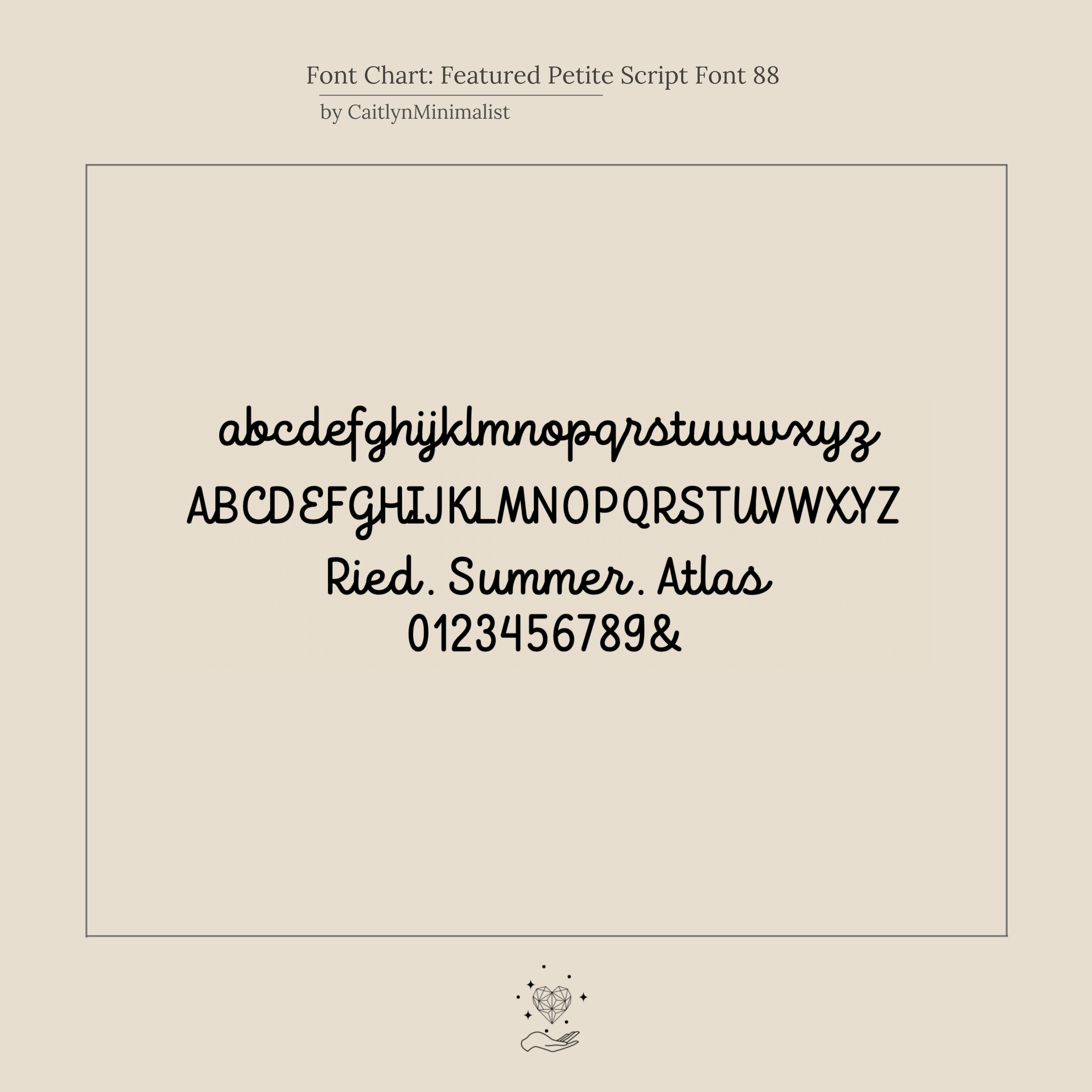 Font sample shows lowercase, uppercase, numbers, and the names Ried, Summer, Atlas in Petite Script—ideal for a Petite Tiny Name Ring or personalized ring design.