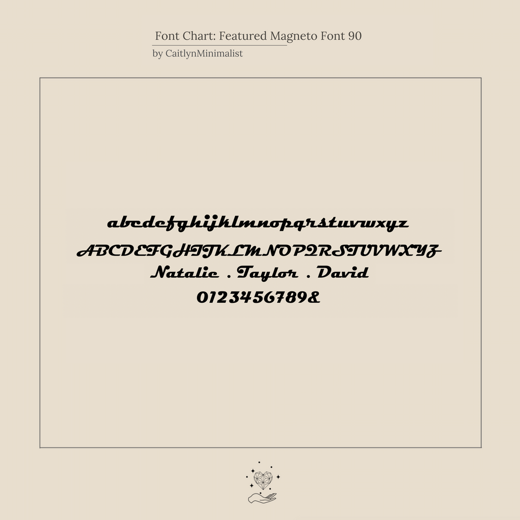 Font chart displaying Magneto Font 90 with sample text in lowercase, uppercase, names, and numbers—ideal for customizing your Name Link Bracelet or giving a modern accent to your contemporary jewelry.