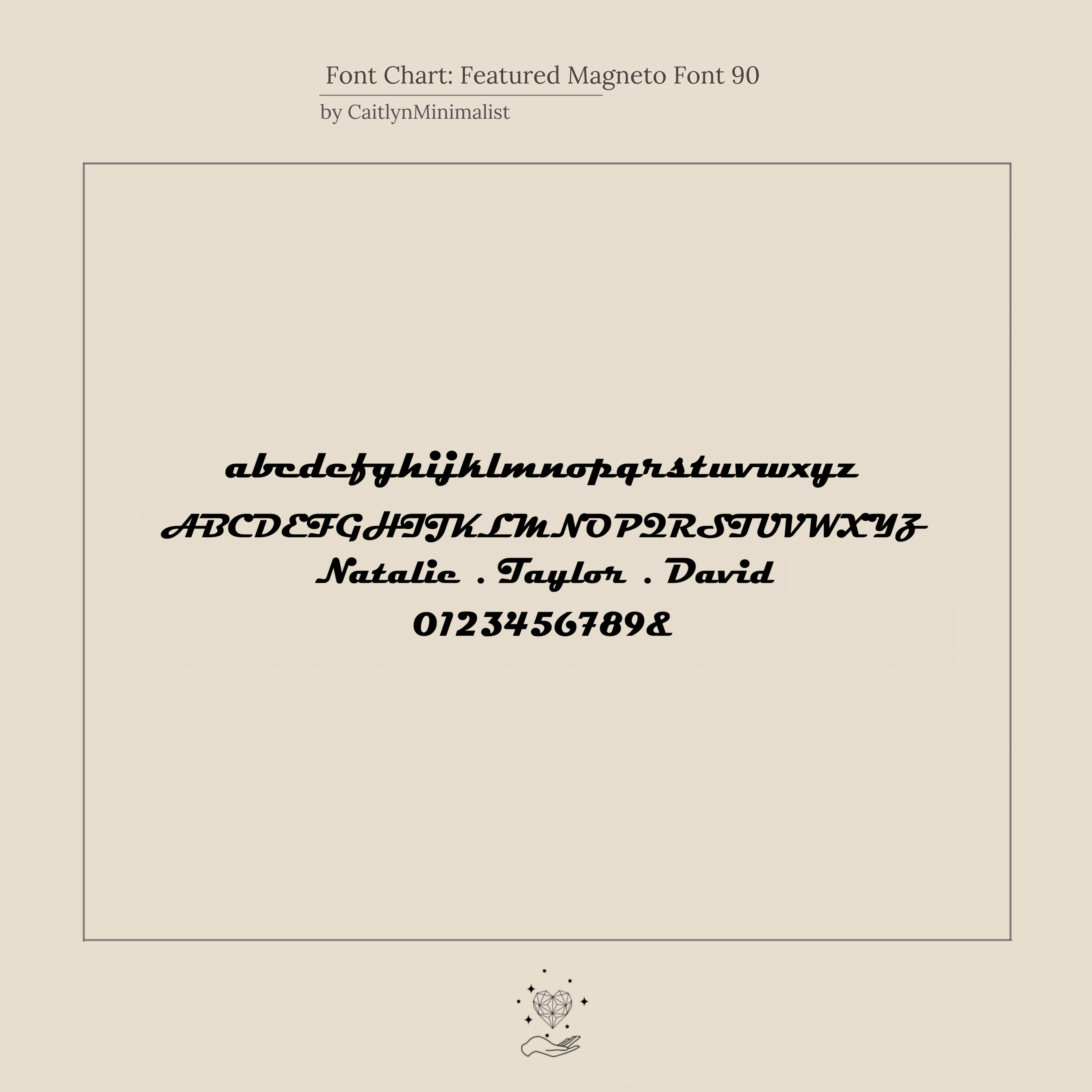 Font chart displaying Magneto Font 90 with sample text in lowercase, uppercase, names, and numbers—ideal for customizing your Name Link Bracelet or giving a modern accent to your contemporary jewelry.