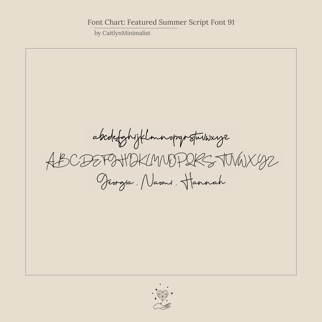 A beige font chart showcases the Summer Name Earrings Featured Summer Script Font 91, displaying uppercase and lowercase alphabets in a flowing, handwritten style—ideal for custom names like “Georgia. Naomi. Hannah.”.