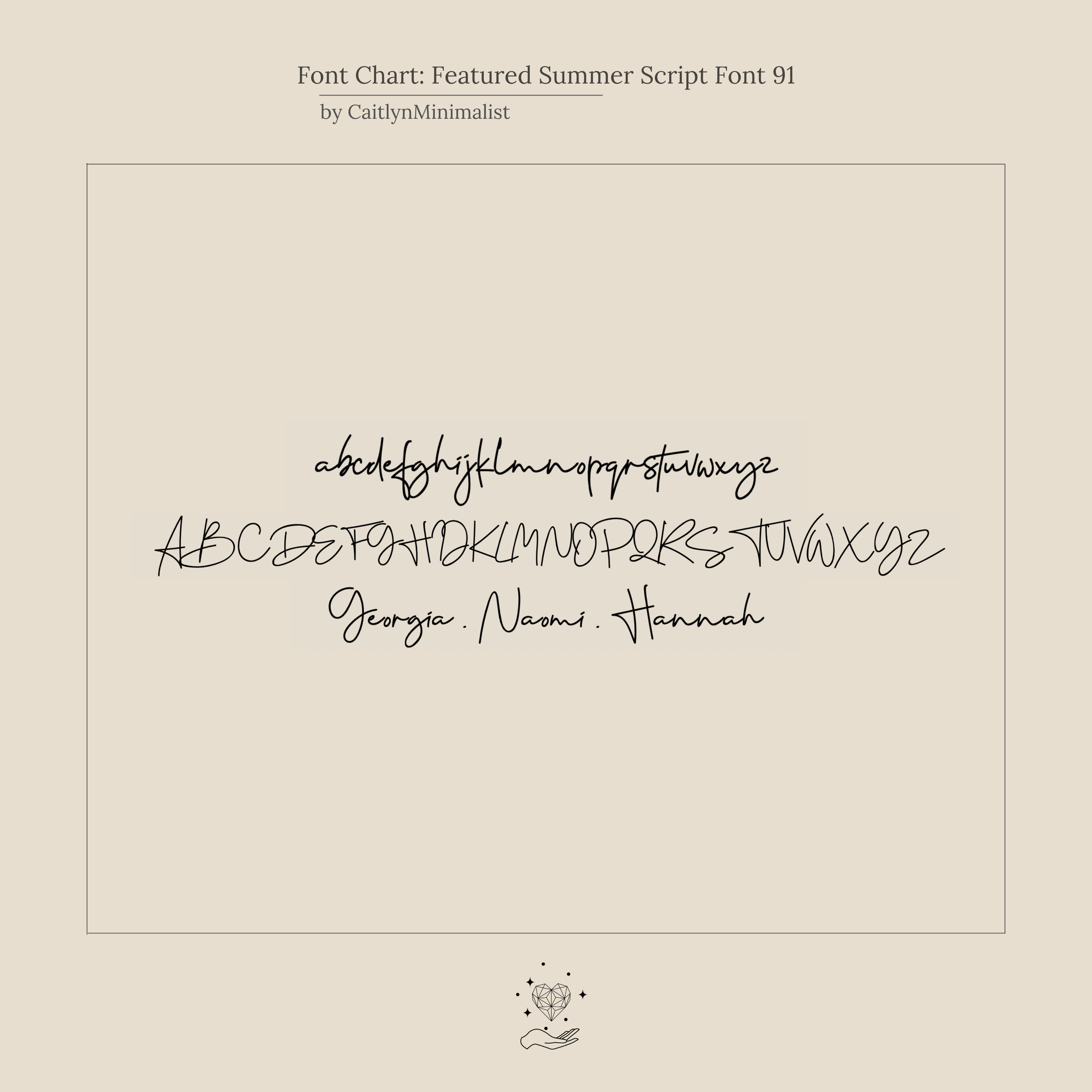 A beige font chart showcases the Summer Name Earrings Featured Summer Script Font 91, displaying uppercase and lowercase alphabets in a flowing, handwritten style—ideal for custom names like “Georgia. Naomi. Hannah.”.