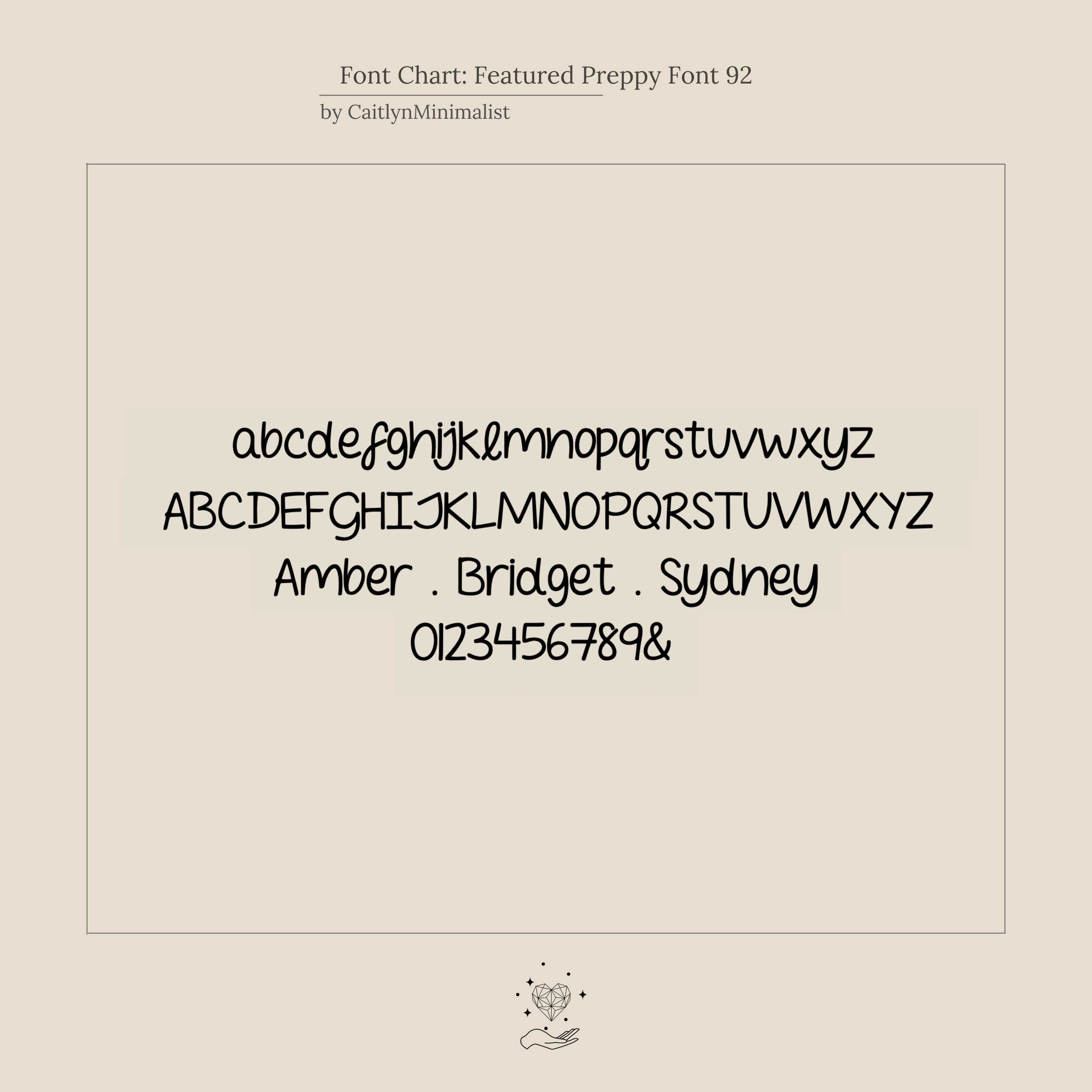 Font chart featuring lowercase, uppercase, sample names, and numbers in a rounded, playful handwritten style—ideal for youth-inspired designs or personalizing the Preppy Multiple Name Necklace in Curb Chain.